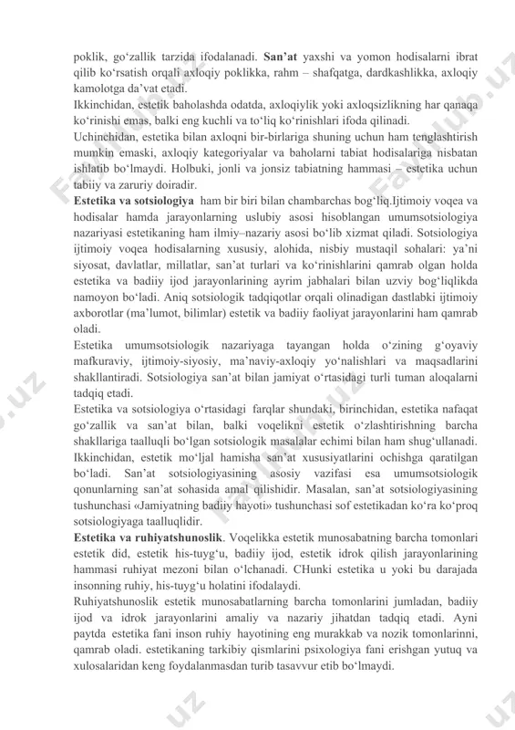 bo‘ladi, bir qanoti – etika bo‘lsa, boshqasi - estetikadir». etika – yaxshilik haqidagi ta’limot, bo‘lsa estetika - go‘zallik haqidagi ta’limot bo‘lib, ular bir-birini doimo to‘ldirib turadi. lekin shunga qaramasdan ular o‘ziga xos tarzda quyidagicha farqlanadi: birinchidan, axloqiy baho berishda fakt, haqiqat, so‘z, nutqning -mazmuni muhim bo‘lib, ifoda qilish shakliga deyarli ahamiyat berilmaydi. estetik baho mazmun va shaklning garmonik birligi bilan bevosita bog‘liqdir. shuning uchun u his-tuyg‘u organlarining real faktlar va hodisalar, odamlar, konkret san’at asarlari bilan bevosita munosabatida paydo bo‘ladi. axloqiy-ma’naviy tasavvurlar hech qanday konkret his-tuyg‘uga ega bo‘lmagan umumiy mulohazalar, mavhumiy g‘oyalar, abstarkt tushunchalar shaklida ham ifoda etilishi mumkin. holbuki, estetika doirasi ko‘rinib va eshitilib turgan olamdan iborat. san’at va axloq munosabatlariga 3 uslub bo‘yicha yondashiladi. 1.«axloqiy». «badiiy ijodni axloq - odobga bo‘ysundirish, ezgulikni san’atning birdan-bir va eng oliy maqsadi sifati targ‘ib ettirishdir. bunga aflotun, russo, a.tolstoy qarashlarni misol keltirish mumkin. 2.san’atni axloqdan «ozod qilish» uslubi. axloqiylik ruhi san’at erkinligini …