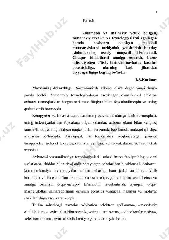 lgan odamlar, axborot olami bilan kengroq tanishish, dunyoning istalgan nuqtasi bilan bir zumda bog’lanish, muloqot qilishga muyassar bo’lmoqda. darhaqiqat, har tomonlama rivojlanayotgan jamiyat taraqqiyotini axborot texnologiyalarisiz, ayniqsa, komp’yuterlarsiz tasavvur etish mushkul. axborot-kommunikatsiya texnologiyalari sohasi inson faoliyatining yuqori sur’atlarda, shiddat bilan rivojlanib borayotgan sohalaridan hisoblanadi. axborot-kommunikatsiya texnologiyalari ta’lim sohasiga ham jadal sur’atlarda kirib bormoqda va bu esa ta’lim tizimida, xususan, o’quv jarayonlarini tashkil etish va amalga oshirish, o’quv-uslubiy ta’minotni rivojlantirish, ayniqsa, o’quv mashg’ulotlari samaradorligini oshirish borasida yangicha mazmun va mohiyat shakllanishiga asos yaratmoqda. ta’lim sohasidagi atamalar ro’yhatida «elektron qo’llanma», «masofaviy o’qitish kursi», «virtual tajriba stendi», «virtual ustaxona», «videokonferentsiya», «elektron forum», «virtual sinf» kabi yangi so’zlar paydo bo’ldi. respublikamiz prezidentining «komp’yuterlashtirishni yanada rivojlantirish va axborot-kommunikatsiya texnologiyalarini joriy etish to’g’risida»[footnoteref:2] gi farmoni e’lon qilingan bo’lib, mazkur farmonning bajarilishini ta’minlash maqsadida o’zbekiston respublikasi vazirlar mahkamasi tomonidan «komp’yuterlashtirishni yanada rivojlantirish va axborot-kommunikatsiya texnologiyalarini joriy etish chora-tadbirlari to’g’risida»[footnoteref:3] qaror qabul qilingan edi. [2: respublikamiz prezidentining 2002 …