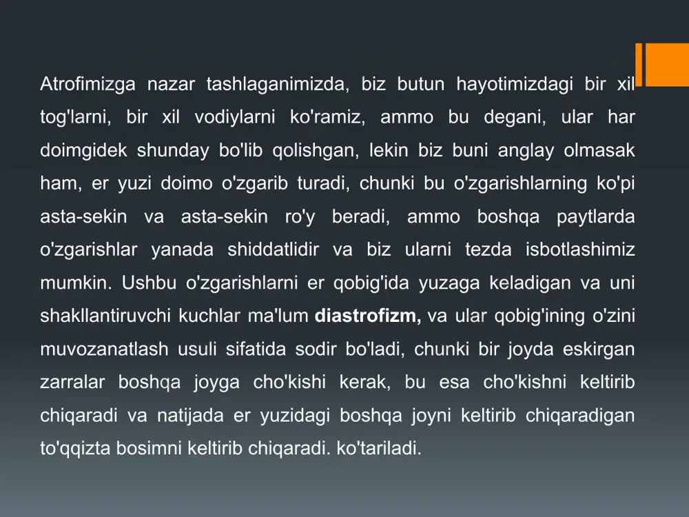 ti relyefi yoki okean tubi deb ham ataladi. okean relyefi tarkibida biz quyidagilarni topamiz. kontinental tokcha: bu qirg'oqqa eng yaqin bo'lgan okean tubining mintaqasi. u mintaqalarga ko'ra kattaroq yoki kichikroq kenglikdagi tekis kengaytmadan iborat bo'lib, qirg'oq chizig'idan uzoqlashganda chuqurlik biroz oshib boradi. uning darajasi dengiz sathidan 0 dan 200 metrgacha. dengiz o'simliklari va hayvonlarning aksariyat turlari ushbu hududda joylashgan. qit'a qiyaligi. bu kontinental shelf o'rtasida 3000 dan 4000 metrgacha chuqurlikgacha keskin pasayish yoki tushishni o'z ichiga oladi. bu tortishish yog'inlari zonasi bo'lib, u tortishish kuchi bilan boshqariladi, ayniqsa, qiyalik yonbag'rida oqadigan oqimlar, quyqalar qatlamlar yoki qatlamlar shaklida yotqizilgan va suv osti fanatlaridan kelib chiqqan tubgacha. (fanlarning shaklidagi cho'kindi jinslarning dengizlarning chuqur joylariga to'planishi. nishab materik shelf bilan birgalikda 78 million kvadrat kilometr sirtni egallaydi, bu dengiz tubining deyarli to'rtdan bir qismidir. xulosa bu tektonizmdan kelib chiqadigan endogen kuchlarga zid bo'lgan gradatsiya deb ataladigan tashqi yoki ekzogen kuchlarning ta'siridan kelib chiqadi. …