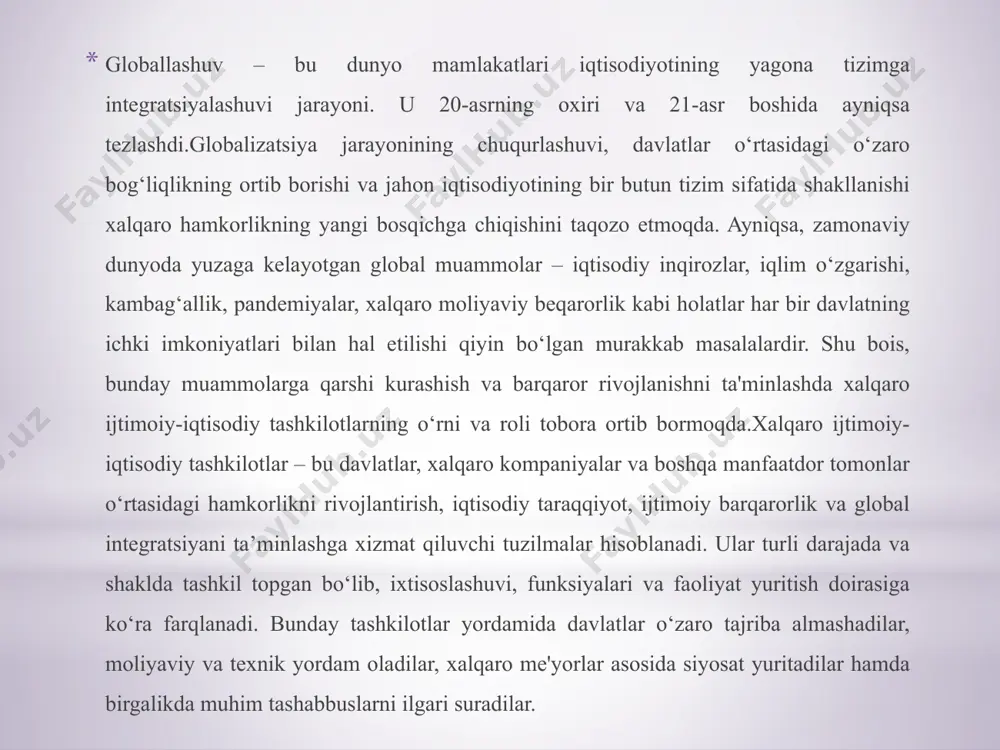 qoidalarni ishlab chiqish va monitoring qilish; ma’lumotlar yig‘ish, tahlil qilish, hisobotlar tayyorlash. 3. xalqaro ijtimoiy-iqtisodiy tashkilotlarning guruhlanishi bu tashkilotlar turli mezonlarga ko‘ra guruhlanadi. quyida asosiy guruhlanish mezonlari keltirilgan: ➤ 1. faoliyat doirasiga ko‘ra: global (umumjahon) tashkilotlar: butun dunyo davlatlarini qamrab oladi. misollar: bmt, jst, xvj, jahon banki, jsst. mintaqaviy tashkilotlar: ma’lum bir geografik hudud davlatlarini birlashtiradi. misollar: yevropa ittifoqi (yei), asean (janubi-sharqiy osiyo), mdh, opek. ➤ 2. ixtisoslashuviga ko‘ra: iqtisodiy tashkilotlar: asosiy e’tibor iqtisodiy masalalarga qaratiladi. misollar: jahon banki, xvj, jst. ijtimoiy tashkilotlar: sog‘liqni saqlash, ta’lim, mehnat, aholi farovonligi bilan shug‘ullanadi. misollar: jsst, yunesko, xmt (ilo), undp. ➤ 3. a’zolik asosiga ko‘ra: ochiq tashkilotlar: barcha davlatlar a’zo bo‘lishi mumkin (masalan, bmt). yopiq tashkilotlar: faqat ma’lum davlatlar yoki hududlar uchun (masalan, yevropa ittifoqi, nato). tarixiy bosqichlar 1944-yil – bretton-vuds tizimi yaratilishi (xalqaro valyuta jamg‘armasi va jahon banki tashkil etildi). 1947-yil – gatt (savdo bo‘yicha umumiy kelishuv) qabul qilindi, keyinchalik wto (1995) …