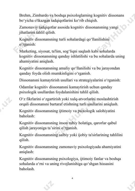 nadi. kurs ishining predmeti: kurs ishining predmeti — kognitiv dissonans nazariyasining inson xulq-atvoriga, qarorlar qabul qilish jarayonlariga va turli ijtimoiy vaziyatlardagi amaliy qo‘llanilishiga ta’siri.predmet quyidagi jihatlarni o'z ichiga oladi:kognitiv dissonansning psixologik mexanizmlari: insonlarning fikr va xulq-atvorlari o'rtasidagi nomutanosiblikni qanday boshqarishi va bu jarayondagi psixologik reaksiyalar.dissonansni kamaytirish usullari: odamlar o'zlarining ichki dissonanslarini kamaytirish uchun qanday usullardan foydalanishadi (masalan, qarorlar qabul qilishda fikrlarni o'zgartirish, xulq-atvorlarni moslashtirish, yangi ma'lumotlarni qabul qilish).kognitiv dissonansning ijtimoiy va amaliy kontekstdagi qo‘llanilishi: kognitiv dissonansning marketing, siyosat, sog‘liqni saqlash, ta'lim va boshqa sohalarda qanday ishlatilishi va uning ijtimoiy jarayonlardagi roli.kognitiv dissonansning ilmiy tadqiqotlarda o‘rganilishi: leon festinger va boshqa psixologlarning kognitiv dissonans bo‘yicha o'tkazgan tajribalari va bu tadqiqotlarning psixologik nazariyada tutgan o‘rni.kurs ishining predmeti kognitiv dissonans nazariyasining turli sohalarda qanday amalga oshirilishini, uning psixologik va amaliy ahamiyatini va inson xulq-atvoriga qanday ta’sir qilayotganini o‘rganishni ko‘zda tutadi. kurs ishining metodologik asosi: kurs ishining metodologik asosi, kognitiv dissonans nazariyasini chuqur o‘rganish va …