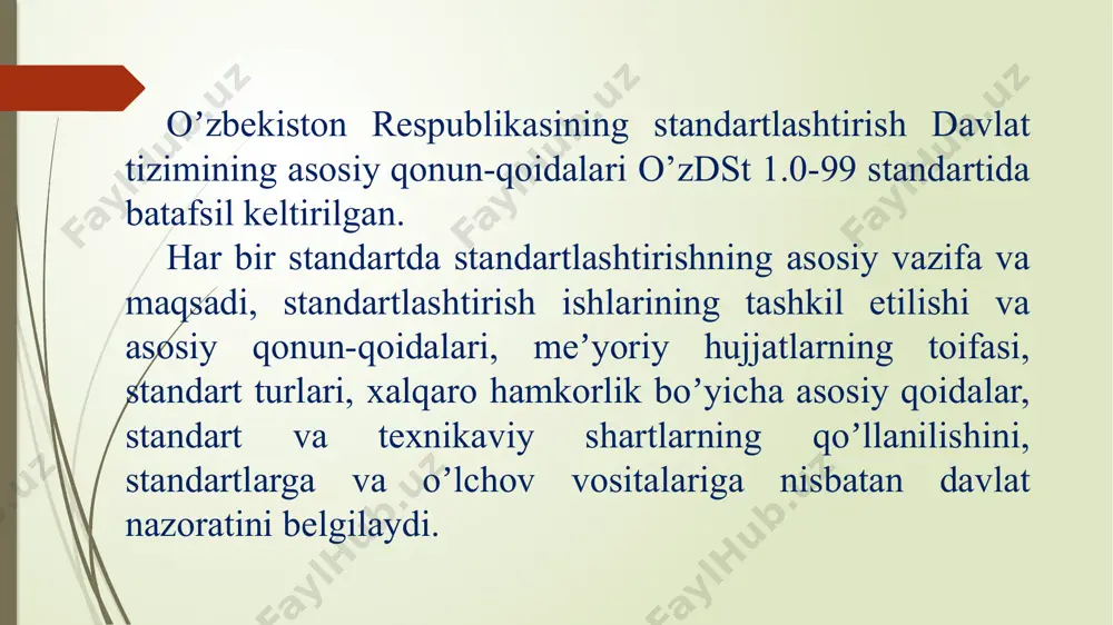 iqlangan aniq mahsulotga (xizmatga) boʼlgan texnikaviy talablarini belgilovchi meʼyoriy hujjat. mahsulotga texnikaviy hujjatlar toʼplami ishlab chiqilayotganda texnikaviy shartlar shu toʼplamning ajralmas qismi hisoblanadi. korxona standarti (ks)- mahsulotga, xizmatga yoki jarayonga korxonaning tashabbusi bilan ishlab chiqilgan va uning tomonidan tasdiqlangan standartdir. standartlar majmui - oʼzaro bogʼlangan standartlashtirish obʼektlariga kelishilgan talablarni belgilovchi va maʼlum ilmiy-texnikaviy yoki ijtimoiy iqtisodiy muammolarni yechimini meʼyoriy hujjatlar bilan taʼminlashga umumiy maqsad bilan birlashgan va oʼzaro bogʼlangan standartlar toʼplami. xalqaro standart - standartlashtirish bilan shugʼullanadigan xalqaro tashkilot tomonidan qabul qilingan va isteʼmolchilarning keng doirasiga yaroqli boʼlgan standart. mintaqaviy standart - standartlashtirish bilan shugʼullanadigan mintaqaviy tashkilot qabul qilgan va isteʼmolchilarning keng doirasiga yaroqli boʼlgan standart. milliy standart - standartlashtirish bilan shugʼullanuvchi milliy idora tomonidan qabul qilingan na isteʼmolchilarning keng doirasiga yaroqli boʼlgan standart. xalqaro, mintaqaviy yoki chet mamlakatning milliy standarti toʼgʼridan-toʼgʼri qoʼllanilishi o’zdst 1.7-2002 standartiga binoan amalga oshiriladi. uygʼunlashtirilgan standartlar - mahsulot, jarayon va xizmatlarning oʼzaro almashinuvchanligi va taqdim …