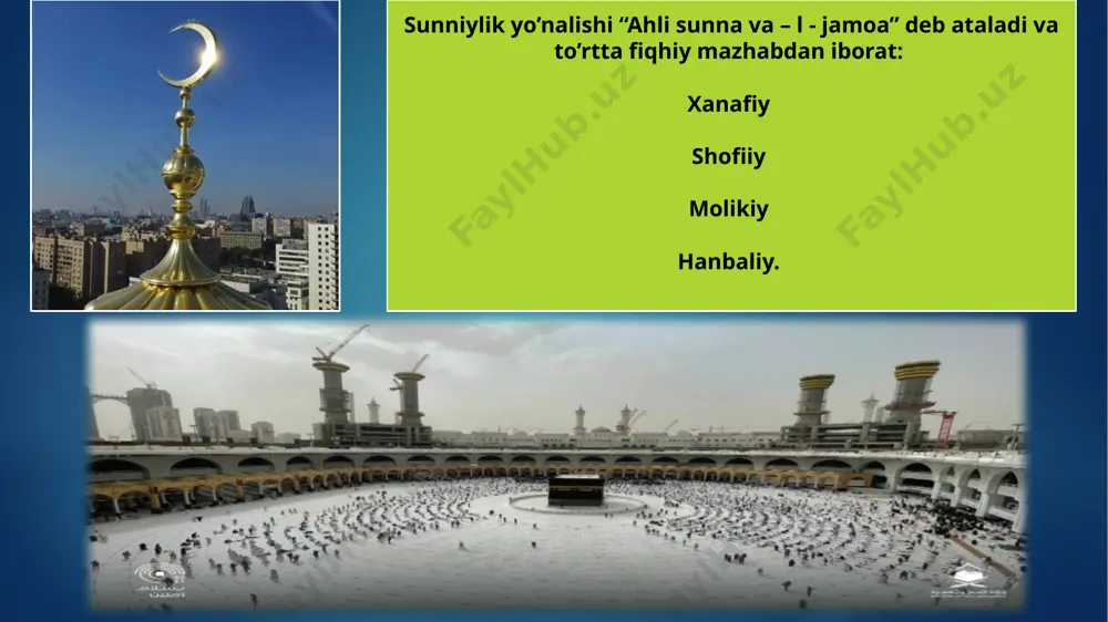 uyg’ambarlardan keyin kim haqliroq degan masala bo’ldi. ali tarafdorlari “shia” nomini olib, islomda birinchi bo’linishni boshlab berdi. ikki taraf sunniylik va shialik o’rtasidagi kurash asnosida xorijiylar deb atalgan uchinchi yo’nalish ham paydo bo’ldi. islomda ilk davrda paydo bo’lgan eng birinchi yirik muammo – oily hokimiyatni egallashga pauyg’ambarlardan keyin kim haqliroq degan masala bo’ldi. ali tarafdorlari “shia” nomini olib, islomda birinchi bo’linishni boshlab berdi. ikki taraf sunniylik va shialik o’rtasidagi kurash asnosida xorijiylar deb atalgan uchinchi yo’nalish ham paydo bo’ldi. sunniylik yo’nalishi “ahli sunna va – l - jamoa ” deb ataladi va to’rtta fiqhiy mazhabdan iborat : xanafiy shofiiy molikiy hanbaliy . sunniylik yo’nalishi “ahli sunna va – l - jamoa ” deb ataladi va to’rtta fiqhiy mazhabdan iborat : xanafiy shofiiy molikiy hanbaliy . sunniylikda ikkita aqidaviy ta’limotga amal qilinadi : motrudiya , ashariya bugungi kunda dunyodagi taxminan 1 mlrd . 300 mln musulmonning 92.5 foizini sunniylar tashkil etib …