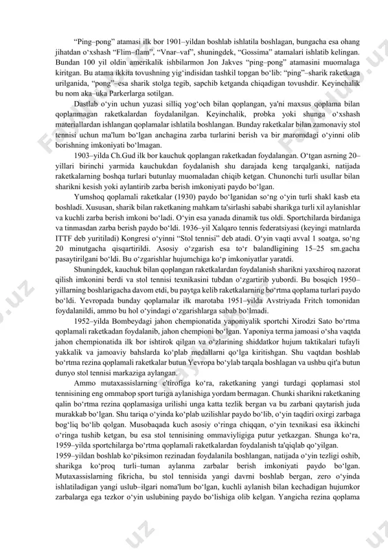 ) talaba–tennischilarning irodaviy tayyorgarligi uchun zarur bo‘lgan vositalarni qo‘llagan holda musobaqa kurashiga bosqichma–bosqich yetkazish; 9) talaba–tennischilarning individual xususiyatlarini hisobga olgan holda ularni sport yutuqlarining yuqori darajasiga chiqarish; 10) jismoniy tarbiya va sport bilan muntazam shug‘ullanishga moyillikni shakllantirish, ko‘p yillik mustaqil jismoniy takomillashish ko‘nikmalarini singdirish; 11) axloqiy–irodaviy sifatlarni tarbiyalash, vatanparvarlik va umummadaniy qadriyatlarni singdirish; 12) talaba–tennischilarni sog‘lom turmush tarzi tamoyillari, gigiyena asoslari, halol kurash tamoyillari bilan tanishtirish; 13) sport mashqlari va jismoniy tayyorgarlik metodikalarining o‘ziga xos xususiyatlarini hisobga olib jismoniy tarbiya metodlari bilan barkamol shaxsni shakllantirish va h.k. iii. talaba–tennischilarning kompetentsiyalari sport tayyorgarligi tizimi muntazam mashq mashg‘ulotlarini va musobaqalarda ishtirok qilishni tashkil etishdan iborat. olimpiya zahiralari kollejida o‘qish davomida talaba–tennischilar texnika va taktikani o‘rganishlari, tajriba va maxsus bilimlarni egallashlari, axloqiy–irodaviy sifatlarni yaxshilashlari lozim. to‘liq tayyorgarlikdan o‘tgan olimpiya zahiralari kolleji talaba–tennischilari quyidagilarni: 1. bilishi kerak: stol tennisi qoidalari va tarixi; stol tennisidagi mashqlarning asosiy metodikalari va stol tennisi rivojlantiradigan asosiy sifatlar; stol …