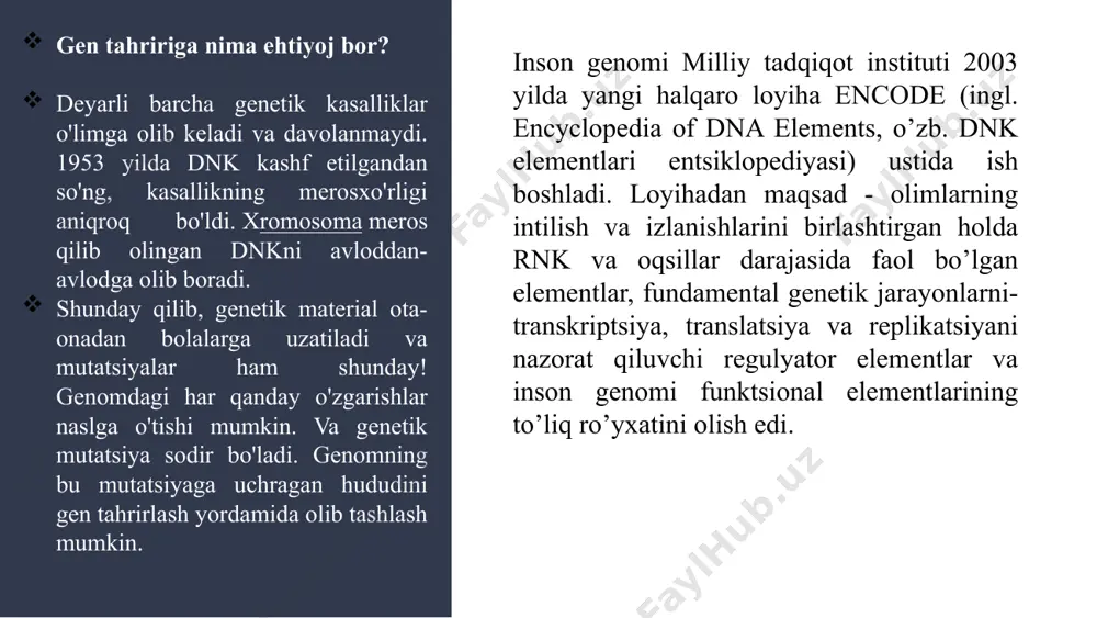 . bu dnkni tahrirlashning oldingi yondashuvlariga qaraganda tezroq, arzonroq va aniqroqdir va undan keng foydalanish mumkin. crispr-cas9 - bu genetiklar va tibbiyot tadqiqotchilariga dnk ketma-ketlik segmentlarini olib tashlash, kiritish yoki o'zgartirish orqali genom qismlarini tahrirlash imkonini beruvchi innovatsion texnologiya. umumiy foydalanishda “crispr” (“crisper” deb talaffuz qilinadi) “crispr-cas9” ning qisqartmasi hisoblanadi. crisprlar dnkning o'ziga xos ketma-ketligidir va cas9 oqsili - bu erda cas "crispr bilan bog'liq" degan ma'noni anglatadi - dnk zanjirlarini kesishga qodir ferment. nisbatan ibtidoiy bir hujayrali mikroorganizmlar toifasi bo'lgan bakteriyalar va arxeyalarning tabiiy himoya mexanizmlaridan moslashtirilgan crispr texnologiyasi genlarni tahrirlash shaklidir. viruslar bu turlar tomonidan dnkning molekulyar qarindoshi bo'lgan crisprdan olingan rnk va turli xil cas oqsillari yordamida qaytariladi. hujumlarning oldini olish uchun organizmlar viruslarning dnksini parchalab tashlaydi va keyin viruslar yana hujum qilsa, qurol sifatida foydalanish uchun ushbu dnk parchalarini o'z genomlarida saqlaydi. crispr tarkibiy qismlari boshqa, murakkabroq organizmlarga o'tkazilganda, bu komponentlar genlarni boshqarishi mumkin, bu jarayon …