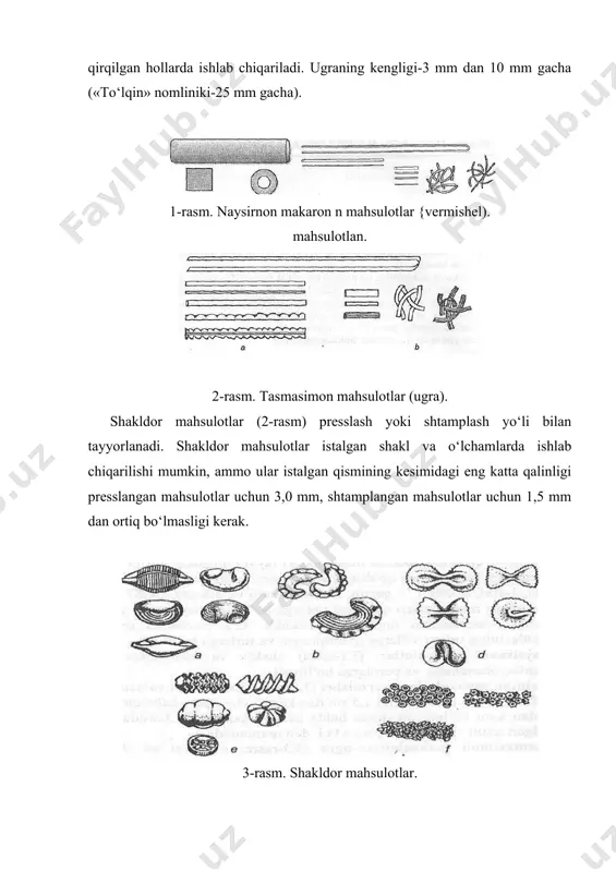 ichalari, polimer plyonkalardan tayyorlangan va issiqlik yordamida kavsharlanadigan paketlar, tashqi taraga esagofrirlangan kartondan, fanera va taxtachalardan tayyorlangan qutilar, to‘rt qavat qog‘ozdan tikilgan kraft-xaltalar kiradi. omborxonalarda makaron mahsulotlari stellaj va tagdonlarda havoning harorati 16-18 °c va nisbiy namligi 70% dan yuqori bo‘lmagan sharoitlarda saqlanishi lozim. xonalar toza, quruq, shamollatiladigan, atmosfera yog‘inlari va zararkunandalardan himoyalangan bo‘lishi kerak. mahsulotlarni o‘tkir, o‘ziga xos hidga ega tovarlar bilan saqlash mumkin emas. makaron mahsulotlarining sifat ko‘rsatkichlari standartda makaron mahsulotlari sifat ko‘rsatkichlarining quyidagi tavsifi yoki me’yorlari keltirilgan: rangi, yuzasi, shakli, ta’mi, hidi, qaynatishdan keyingi holati, namligi, kislotaliligi, mustahkamligi, siniqlar, deformatsiyalangan mahsulotlar va ushoqlar, metallomagnit aralashmalar miqdori, zararkunandalarning mavjudmasligi. rangi, yuzasi, shakli mahsulotlarning tashqi ko‘rinishini tavsif-laydi. mahsulotlarning rangi kremsimon yoki sariq tusli, bir tekis, unning naviga mos, qorilmay qolgan unning izlarisiz, qo‘shimchalar qo‘shib tayyorlanganlarining rangi o‘ziga xos bo‘lishi kerak. makaron mahsulotlarining yuzasi silliq bo‘lishi kerak, biroz dag‘allik bo‘lishiga yo‘i qo‘yiladi. shakli o‘z nomiga mos kelishi kerak. makaron, vermishel …