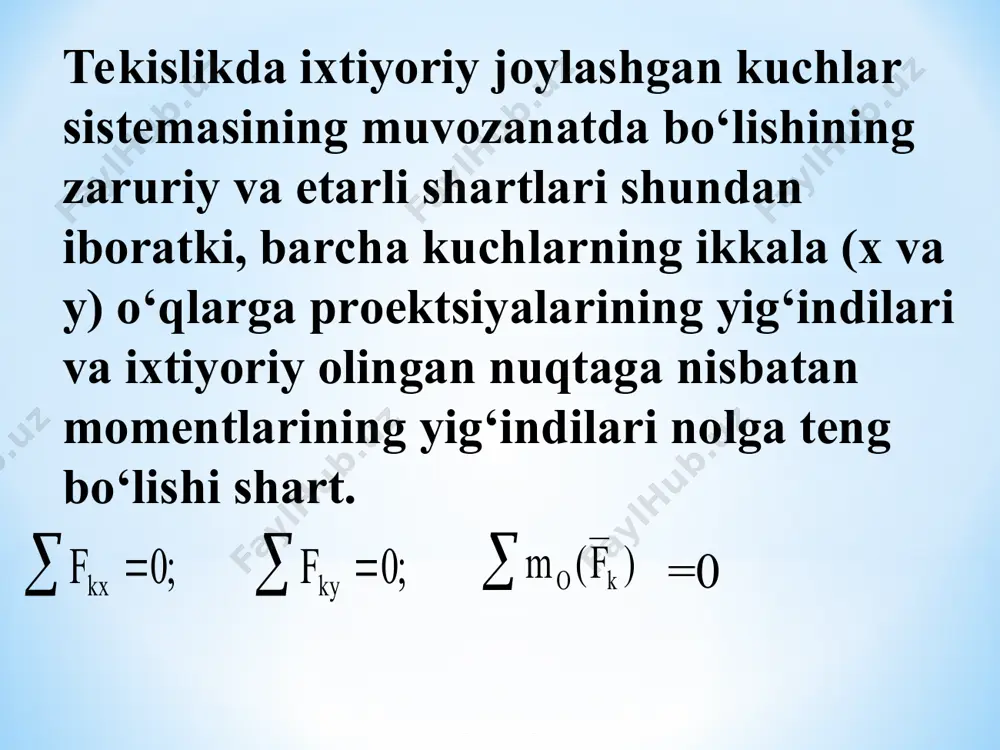 tekislikda joylashgan ixtiyoriy kuchlar sistemasining muvozanati - Page 3