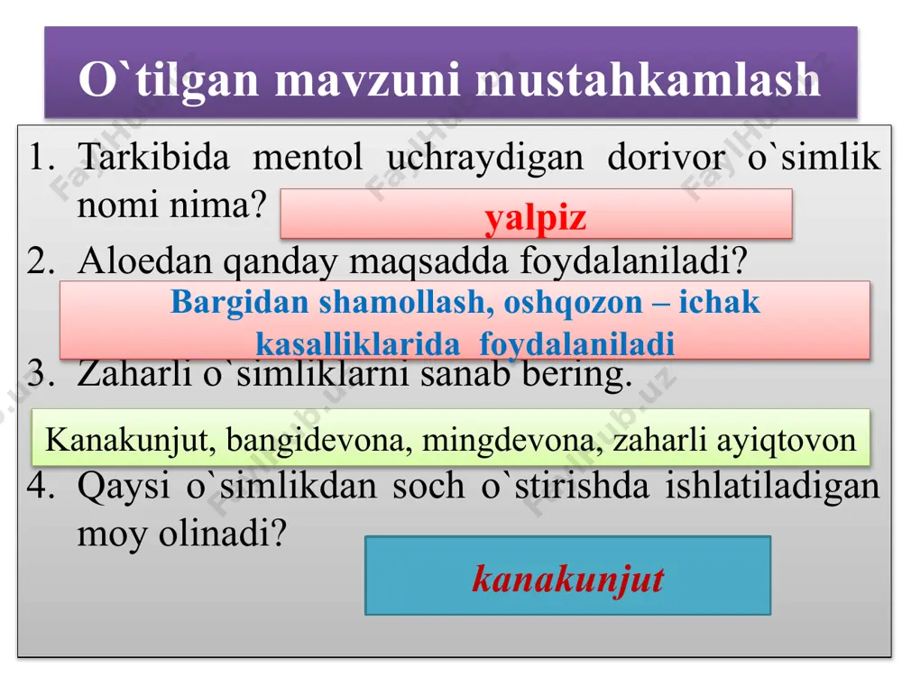llyuskalar, bo`g`imoyoqlilar tipi kiradi. hayvonlar sistematikasi hayvonlar sistematikasi hayvonlarni sistematikaga solishda quyidagi sistematik birliklardan foydalaniladi. hayvonlar sistematikasida tuzilish o`xshash organizmlar bitta turga, turlar urug`ga, urug`lar oilaga, oila turkumga, turkumlar sinfga, sinflar tipga, tip esa hayvonot dunyosiga birlashtiriladi. qo`ng`ir ayiq va ilvirsning sistematik o`rni mustahkamlash mustahkamlash uyga vazifa yangi mavzuni o`qish, mavzu so`ngidagi savollarga javob yozish va 62 – betdagi jadvalni to`ldirish. e`tiboringiz uchun rahmat? thak you very much! image1.png image2.png image3.emf image4.emf image5.emf image6.emf image7.emf image8.emf image9.emf image10.emf image11.emf /docprops/thumbnail.jpeg