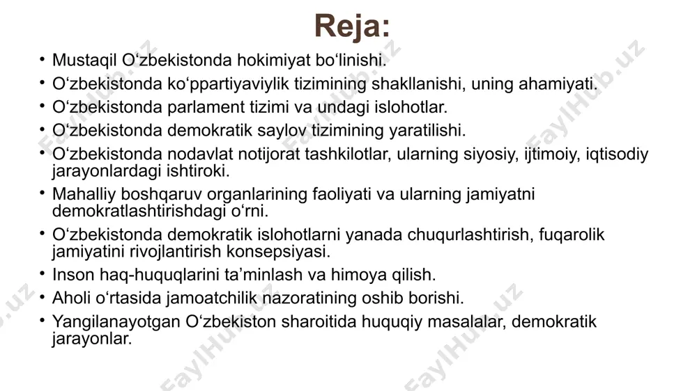 ishlar buyicha ixtisoslashgan o’zbekiston tarixi prezidentlik hokimyati * “prezident” so’zi “oldinda o’tiruvchi” degan manoni bildiradi 1990-yil 24-mart kuni o’zbekistonda prezidentlik hokimyati joriy etiladi 1990-yil 24-mart kuni islom karimov oliy kengashining birinchi sessiyasida xalq deputatlari tomonidan yashirin ovoz berish yo’li bilan saylandi. 1991 yil 29 dekabrda o’zbekistonda ilk bor umumxalq prezidentlik saylovlari bo’lib o’tadi 1991 yil 18 noyabr«o’zbekiston respublikasi prezidenti saylovi to’g’risida»gi qonun qabul qilingan. 2002-yil o’zbekistonda prezidentlik vakolati muddati 5 yildan 7 yilga uzaytirildi 2011-yil prezidentlik vakolati muddati 7 yildan 5 yilga qisqartirildi o’zbekiston tarixi prezidentlik hokimyati * o’zbekiston respublikasi konstitutsiyasining xix bobi o’zbekiston respublikasi prezidentining huquqiy maqomiga, xususan, 93-moddasi respublika prezidentining vakolatlariga bag’ishlangan. o’zbekiston respublikasi prezidentining vakolatlari maqsadi, mazmuniga ko’ra quyidagi guruhlarga bo’linadi - qonunchilik va qonuniylik sohasidagi vakolatlar; - davlat organlarini tuzish sohasidagi vakolatlar; - fuqarolarning huquq, erkinliklari, burchlari va qonuniy manfaatlari sohasidagi vakolatlar; - xalqaro munosabatlar sohasidagi vakolatlar; o’zbekiston tarixi o’zbekiston respublikasi prezidentlari * № muddat prezident …