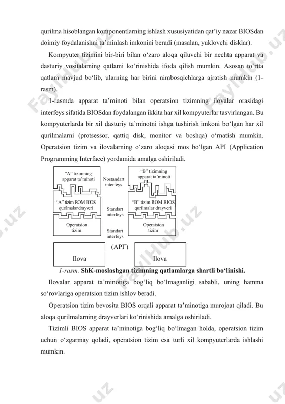 skli, videoadapterli kompyuterga o‘rnatilsa, uning ishlash tamoyili o‘zgarmaydi, chunki drayver apparat komponentlari qanday bo‘lishidan qat’iy nazar o‘zining asosiy funksiyalarini bajaradi. 1-rasmdan ko‘rinib turibdiki, ilovalar va operatsion tizim ko‘p kompyuterlarda aynan bir xil, bios esa aniq apparat komponentlari bilan ishlashga «moslashadi» va o‘rnatilgan qurilmalardan mustaqil holda operatsion tizim uchun standart interfeysni ta’minlaydi. 1. setup bios dasturini sozlash apparat komponentlarini sozlashning dastlabki bosqichlarida ikkita masala hal qilinadi. birinchi masala – qurilmalarning o‘zar o aloqasining ishonchliligiga va xatosizligiga erishish va bu ko‘rsatk ichlarni saqlash. ikkinchi masala – optimal unumdorlikka erishish. dastlabki sozlashning mohiyati – tizimli plataning interfeyslarini sozlashdan iborat. u bios setup dasturiy vositalari tomonidan bajariladi. bios setup vositalari – bu kompyuterni sozlashning eng zo‘r vositalaridan biri. bios tizimi hajmi qat’iy chegaralangan doimiy xotira qurilmasida saqlanadi. oldindan tayyorgarlik ko‘rish. bios setup vositalari yordamida bajariladigan sozlashlar eng quyi pog‘onaga tegishlidir. shu sababli bunga barcha dasturiy vositalar ta’sirchandir. bios setupning ba’zi bir ko‘rsatkichlarining o‘zgarishi kompyuterning …
