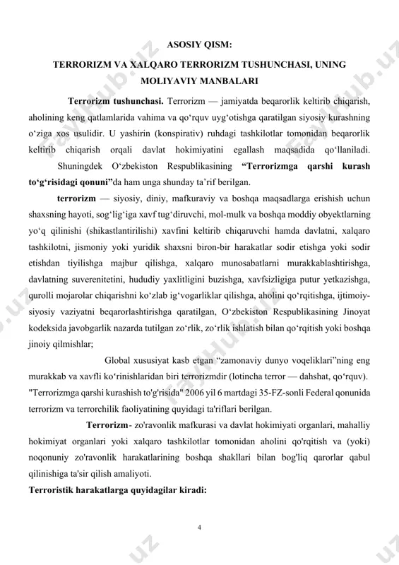 hodisa sifatida gapirish mumkin edi. 80-90-yillarda. 20-asr xalqaro terrorizm allaqachon umuminsoniy hodisaga aylangan. hozirgi vaqtda terrorizm jahon hamjamiyatining hayotida, shu jumladan rossiyada mustahkam o'rin egalladi. shu bilan birga, siyosiy yondashuvlar turlicha bo‘lganligi sababli terrorchilik harakati qachon “xalqaro terrorizm” akti sifatida kvalifikatsiya qilinishi borasida kelishib bo‘lmadi. zamonaviy xalqaro hayotning ko'plab voqeliklarini qarama-qarshi baholash, shuningdek, zo'ravonlikning xalqaro miqyosdagi jinoyatlar sifatida namoyon bo'lishining bir ma'noli sifatlarining yo'qligi o'z ta'sirini o'tkazmoqda. yevropa ittifoqining tokio deklaratsiyasida (1986 yil) xalqaro terrorizm kabi turli xil terrorizmning alohida ta’rifga mutlaqo muhtoj emasligi bu jihatda muhim ahamiyatga ega. xalqaro terrorizmning faollashuviga qaramay zamonaviy dunyo va uning global miqyosga chiqarilishida shuni ta'kidlash kerakki, terrorizm jamiyat tarixi davomida mavjud bo'lgan hodisalardan biridir. terrorizm eski ahdda eslatib o'tilgan - qobilning ukasi lvelni o'ldirishi. ko'plab siyosiy qotilliklar va hatto odamlarni muntazam ravishda yo'q qilish holatlari sodir bo'ldi qadimgi gretsiya va qadimgi rim. masalan, yuliy tsezarning taniqli o'ldirilishi. ekstremistik fikrlovchilarning mafkuraviy jamoasi haqida ijtimoiy …
