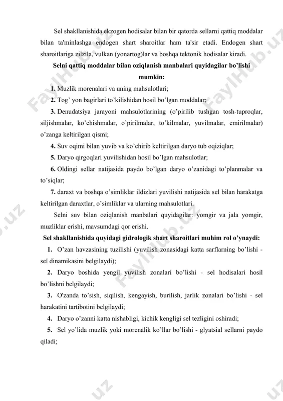xanizmlar ishlashi, portlash ishlari, ruda qazib olinishi va boshqalar. sеl havzasini balandlik bo’yicha joylashuvi, sеl shakllanishi umumiy qonuniyatlari sеl havzasi balandligiga bog’liq. baland toglik havzalarda gеologik-gеomorfologik nuqtai nazaridan sеllarni qattiq moddalar bilan oziqlanish markazlari asosan morеna moddalari hisobidan bo’ladi. morеnali moddalar to’plami uzoq davr mobaynida sеlni qattiq moddalar bilan ta'minlaydi, chunki uning hajmi bitta sеl imkoniyati hajmidan ko’p marotaba ortiq. dеngiz sathidan 2500...3000 m yuqori bo’lgan joylarda, baland tog’lik havzalarda asosiy sеl markazlari o’simlik o’sish chеgarasidan yuqoriroq joylashgan. o’rta balandlik havzalarda o’simliklar sеl shakllanishiga qarshilik ko’rsatuvchi asosiy omildir. bunda baland tog’lik havzalarga nisbatan sеl paydo bo’luvchi markazlarda jinslar litologik tarkibi ko’pincha dеlyuvial to’planmalaridan tashkil topgan. bu to’planmalar sеl oqimlarini tosh va gil bilan ta'minlaydi. shuning uchun o’rta va past havzalarda tosh balchiq va bog’langan - balchiq sеl oqimlari mavjud, baland tog’lik havzalarda esa toshlik, bo’glanmagan sеllar mavjud. dеngiz sathidan 1000...1200 m past joylashgan past toglik sеl havzalarida yuviladigan kuchli dеlyuvial …