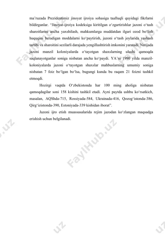 lar bilan tartibga solinadi. ichki tartib qoidalari o‘zbekiston respublikasi ichki ishlar vazirligining barcha jazoni ijro etish muassasalari uchun majburiy. jikning 86-moddasiga ko‘ra ozodlikdan mahrum etishga hukm etilgan shaxslar, jazoni manzil-koloniyalarda o‘tayotgan shaxslar bundan mustasno respublika budjeti hisobidan belgilangan namunada kiyim, mavsumga qarab, mahkumning jinsi va iqlim sharoitlarini inobatga olgan holda ichki kiyim va poyabzal bilan ta’minlanadilar. jazoni ijro etish muaasasalarida, manzil koloniyalarini istisno etganda, mahkumlar belgilangan namunadagi kiyimlar kiyadilar. kiyimning ko‘rinishi o‘zbekiston respublikasi ichki ishlar vazirligi tomonidan belgilanadi. ichki tartib qoidalarda nazarda tutilgan hollarda mahkumlarga fuqarolik namunasidagi kiyimdan foydalanishga ruxsat etiladi. ozodlikdan mahrum etishga hukm qilingan shaxslarni batamom ajratib qo‘yish va qo‘riqlash, shuningdek ular saqlnadigan va mehnat qiladigan obyektlarni qo‘riqlash o‘zbekiston respublikasi ichki ishlar vazirligi tomonidan qonun hujjatlarida belgilangan tartibda amalga oshiriladi. bunda har bir muassasada qat’iy belgilab qo‘yilgan kun tartibi tuziladi, bu kun tartibi mahkumlarning u yoki bu kontingenti bilan olib boriladigan ishlarning xususiyatiga, tezkor vaziyat holatiga, ishlab chiqarish …