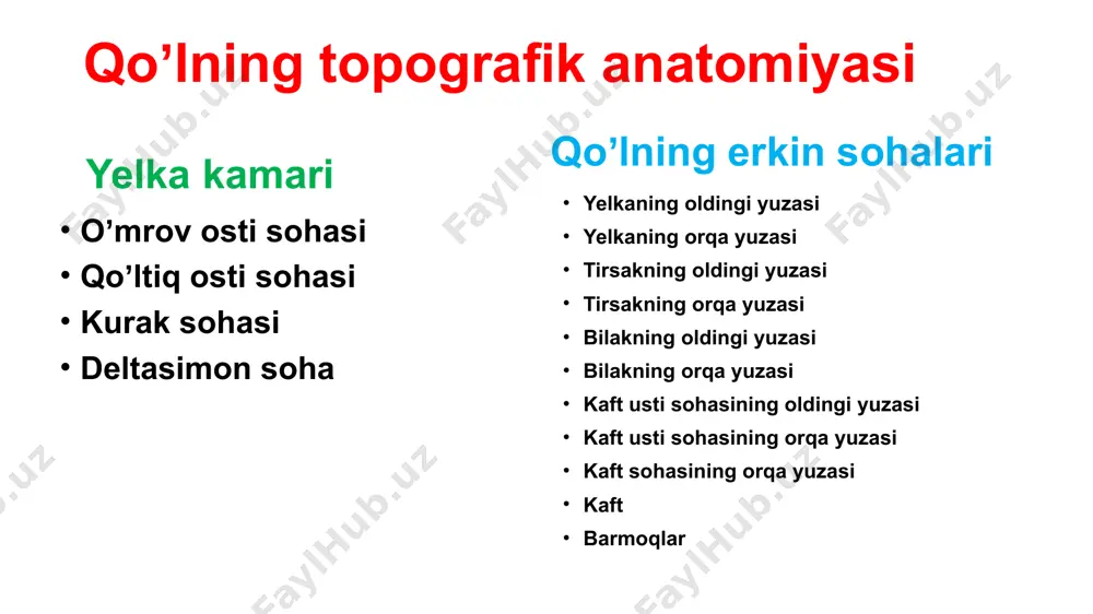 huqur fassiya qavati xususiy mushak qavati(m.supraspinatus,m.infraspinatus,m.teres major et minor) kurak sohasi mushaklari kurak yuza mushaklari kurak xususiy mushaklari m.latissimus dorsi m.trapezius m.supraspinatus m.infraspinatus m.teres major m.teres minor qirra usti va qirra osti mushaklari oʼmrov osti arteriyasining qalqonsimon-boʼyin oʼzani shoxchasi boʼlgan kurak usti arteriyasi bilan qon bilan taʼminlanadi. kurak osti mushagini qoʼltiq osti arteriyasining shoxchasi boʼlgan shu nomdagi kurak osti arteriyasi qon bilan taʼminlanadi. vena va limfa oqimi – pastdan yuqoriga chuqur boʼyin va lateral tomondan qoʼltiq osti limfa tugunlariga quyiladi. kurak sohasining qon bilan taʼminlanishi kollateral qon aylanishi kurak sohasining qon bilan taʼminlanishi a.circumflexa scapula o’mrov osti sohasi-regio infraclavicularis chegaralari: yuqoridan – oʼmrov, pastdan–iii qovurgʼa, medial tomondan– toʼsh qirrasi, lateral tomondan –oldingi deltasimon-koʼkrak egatchasi. qavatma-qavat tuzilishi 1) teri(yupqa) 2) teri osti yogʼ qavati 3) fassiyalar - yuzaki - koʼkrakning xususiy fassiyasi (yuzaki va chuqur varaqlari) 4) mushaklar -koʼkrakning katta mushagi -koʼkrakning kichik mushagi - oʼmrov osti mushagi o’mrov osti sohasi …