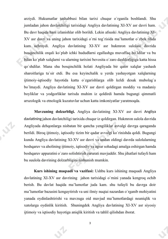 avlatchiligi tarixida chuqur iz qoldirgan. hukmron sulola davrida angliyada dehqonlarga nisbatan bir qancha yengiliklar avvalgi davrga qaraganda berildi. biroq ijtimoiy, iqtisodiy tizim bir qadar avvalgi ko`rinishda qoldi. bugungi kunda angliya davlatining xi-xv asr davri va undan oldingi davrda sulolalarning boshqaruv va aholining ijtimoiy, iqtisodiy va agrar sohadagi amalga oshirgan hamda boshqaruv apparatini o`zaro solishtirish zarurati mavjuddir. shu jihatlari tufayli ham bu suulola davrining dolzarbligini tushunish mumkin. kurs ishining maqsadi va vazifasi: ushbu kurs ishining maqsadi angliya davlatining xi-xv asr davrining jahon tarixidagi o`rnini yanada kengroq ochib berish. bu davlat haqida ma’lumotlar juda kam. shu tufayli bu davrga doir ma’lumotlar bazasini kengaytirish va uni ilmiy nuqtai nazardan o`rganib mohiyatini yanada oydinlashtirishi va mavzuga oid mavjud ma’lumotlardagi noaniqlik va xatolarga oydinlik kiritish. shuningdek angliya davlatining xi-xv asr siyosiy ijtimoiy va iqtisodiy hayotiga aniqlik kiritish va tahlil qilishdan iborat. kurs ishining vazifasi: angliya davlatining xi-xv asr davri davlatchiligi tarixida ijtimoiy-iqtisodiy jarayonlarning tutgan o‘rnini …