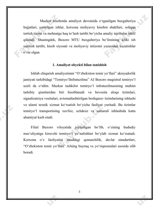 borxona, temiryo‘l uzellari joylashgan punktlar); · texnik jihozlar (signal beruvchi qurilmalar, aloqa uskunalari, elektr hisoblagichlar, kompyuter texnikasi); · transport vositalari (xizmat avtomobillari, texnik xizmat ko‘rsatish uchun maxsus texnika); · ishlab chiqarish asbob-uskunalari (armaturalar, simlar, payvandlash apparatlari, rele tizimlari); · kompyuterlar, printerlar va boshqa ofis texnikalari. bu vositalar buxgalteriya hisobida 01-sonli aktiv hisobraqami orqali yuritiladi. har bir vosita uchun inventar raqami, kiritilgan sana, dastlabki qiymati va amortizatsiya normasi belgilanadi. 2. aylanma vositalar aylanma vositalar — bu ishlab chiqarish va xizmat ko‘rsatish jarayonida bir marotaba qatnashib, o‘z qiymatini to‘liq yo‘qotadigan moddiy boyliklardir. ular quyidagilarni o‘z ichiga oladi: · sarflanadigan materiallar (kabellar, simlar, rezina va plastmassa qismlar); · yoqilg‘i va moylash mahsulotlari; · ishlab chiqarish ehtiyot qismlari va boshqa iste’mol materiallari; · ofis sarf materiallari (qog‘oz, ruchka, fayl, papka, kantselyariya buyumlari). bu vositalar 10- va 20-raqamli hisobvaraqlarda hisobga olinadi. ombordan berilgan materiallar talabnoma, kirim-chiqim orderlari orqali hujjatlashtiriladi. 3. pul mablag‘lari korxona faoliyatining moliyaviy …