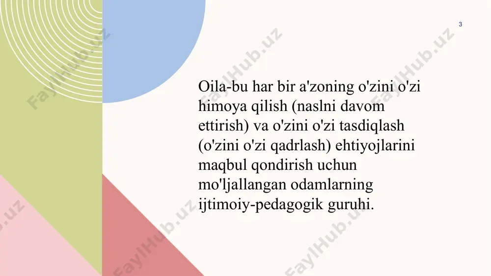 i vazifasidir. 13 bola oilani atrofdagi yaqin odamlar, ota-onalar, bobo-buvilar, aka-uka va opa-singillar sifatida ko'radi. oila tarkibiga, oiladagi oila a'zolariga va umuman atrofdagi odamlarga bo'lgan munosabatlarga qarab, odam dunyoga ijobiy yoki salbiy qaraydi, o'z qarashlarini shakllantiradi, boshqalar bilan munosabatlarini quradi. oiladagi munosabatlar, shuningdek, inson kelajakda o'z karerasini qanday qurishiga, qaysi yo'ldan borishiga ta'sir qiladi. 14 sog'lom oilalarda ota-onalar va bolalar tabiiy kundalik aloqalar bilan bog'liq. bu ular o'rtasidagi bunday yaqin aloqa, natijada aqliy birlik, hayotning asosiy intilishlari va harakatlarining uyg'unligi paydo bo'ladi. bunday munosabatlarning tabiiy asosini ota-onalarning sevgisi va bolalar va ota-onalarning g'amxo'r mehrida namoyon bo'ladigan qarindoshlik, onalik va otalik tuyg'ulari tashkil etadi. oilaviy tarbiyaning o'ziga xos xususiyati o'sib borayotgan odamning barcha hayotiy faoliyati bilan organik birlashishdir: bolani barcha hayotiy faoliyatga – intellektual, kognitiv, mehnat, ijtimoiy, ijodiy, o'yin, erkin muloqotga kiritish. 16 biroq, oilada ta'lim ta'sirining ma'lum qiyinchiliklari, qarama-qarshiliklari va kamchiliklari mavjud. oilaviy tarbiyaning eng keng tarqalgan salbiy omillari: oilaning …
