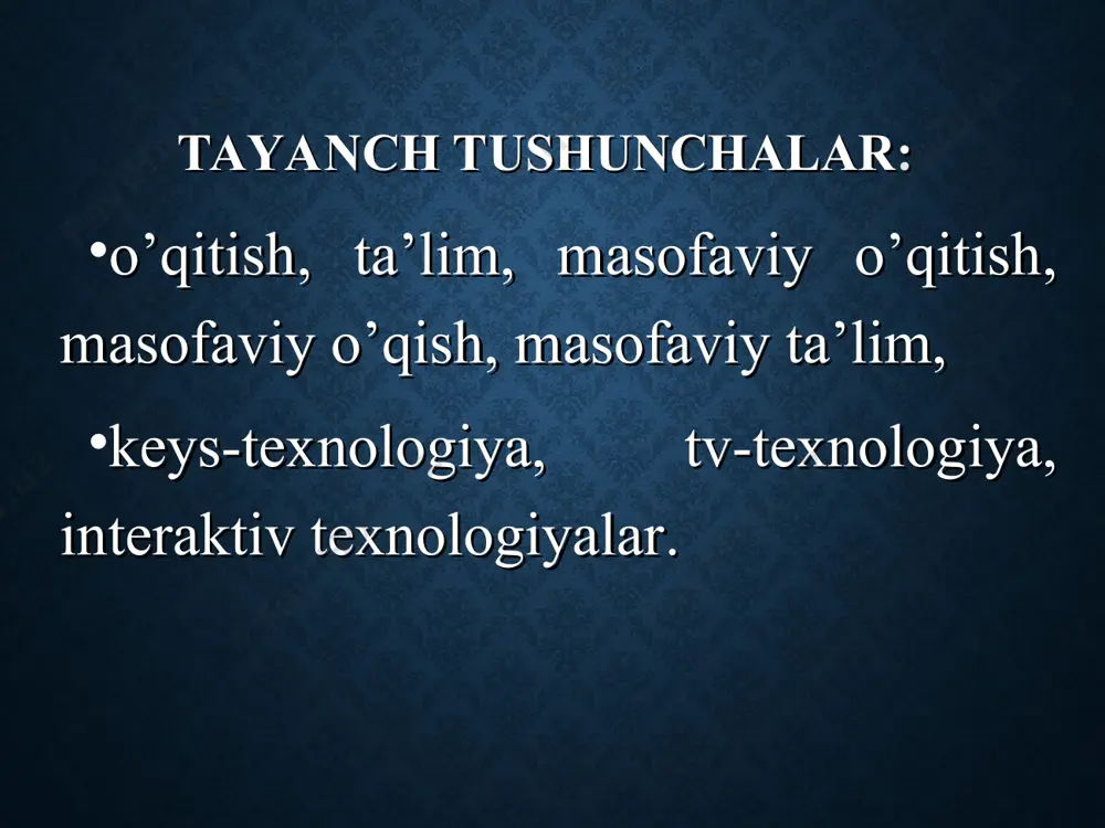 itish tizimi o’zining tarkibiy maqsadi, mazmuni, usullari, vositalari va tashkiliy shakllariga ega. masofaviy o’qitishning pedagogik texnologiyalari - tanlangan o’qitish kontseptsiyasiga asoslangan masofaviy ta’limning o’quv- tarbiyaviy jarayonini ta’minlovchi o’qitish metodi va uslublar majmuasi. keys-texnologiya - masofaviy o’qitishni tashkil qilishning shunday uslubiki, masofaviy ta’limda matnli, audiovizual va multimediali (keys) o’quv uslubiy materiallar majmuasi qo’llanishga asoslanadi. tv-texnologiya - masofaviy o’qitishni tashkil olishning shunday uslubiki, u talabalarga o’quv-metodik ma’lumotlarni televidenie vositasi yordamida etkazishga xizmat qiladi va tashqi aloqali ixtiyoriy interaktiv usullardan biri bilan o’rnatishga asoslanadi. masofaviy o’qitish tizimi – masofaviy o’qitish shartlari asosida tashkil etiladigan o’qitish tizimi. barcha ta’lim tizimlari singari masofaviy o’qitish tizimi o’zining tarkibiy maqsadi, mazmuni, usullari, vositalari va tashkiliy shakllariga ega. nima uchun masofaviy ta’lim kеrak bo’lib qoldi? 1. ta’lim olishda yangi imkoniyatlar (ta’lim olishning vaqt va joyga bog’liqmasligi va boshqalar). 2. ta’lim maskanlariga talaba qabul qilish sonining chеklanganligi. 3. ta’lim olishni хohlovchilar sonining oshishi. 4. sifatli aхborot tехnologiyalarining paydo bo’lishi …