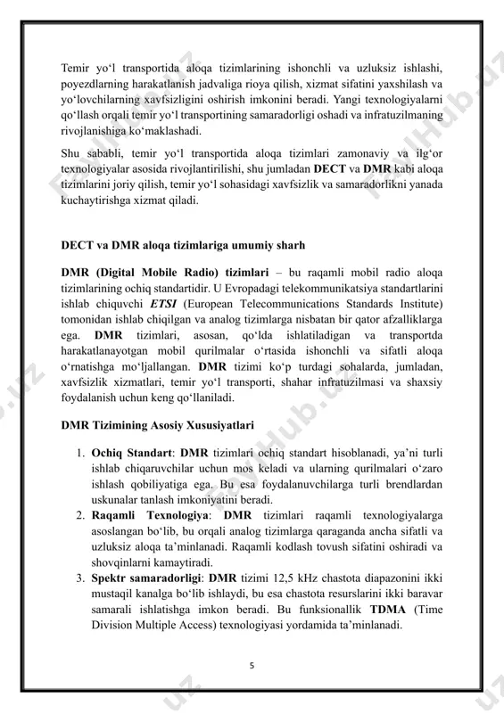 an bo‘lib, bu batareya quvvatini tejash va uzoq vaqt ishlash imkoniyatini beradi. 3. xavfsizlik va maxfiylik: shifrlash va autentifikatsiya imkoniyatlari bilan ma’lumotlar himoyalanadi, bu esa maxfiy va xavfsiz aloqa uchun muhim hisoblanadi. 4. moslashuvchanlik va kengaytirilgan funksionallik: dmr tizimlari turli ilovalarga moslashuvchan bo‘lib, favqulodda xizmatlar, xavfsizlik xizmatlari va sanoat korxonalari uchun qo‘llanilishi mumkin. 5. iqtisodiy samaradorlik: raqamli texnologiyaga o‘tish orqali qo‘shimcha texnik resurslarni tejash va analog tizimlarga qaraganda iqtisodiy jihatdan samaradorlikka erishish mumkin. dmr tizimlarining qo‘llanilish sohalari 1. favqulodda xizmatlar: politsiya, yong‘in xavfsizligi va tez yordam kabi xizmatlarda dmr tizimlari keng qo‘llaniladi. bu tizim favqulodda vaziyatlarda tezkor va uzluksiz aloqa imkoniyatini yaratadi. 2. temiryo‘l transporti: poyezd va dispecherlar o‘rtasida aloqa o‘rnatish, xavfsizlikni ta’minlash va texnik xizmatlarni boshqarishda dmr tizimlari samarali foydalaniladi. 3. sanoat korxonalari: zavod va ishlab chiqarish korxonalarida xodimlar o‘rtasida doimiy aloqa ta’minlash, ishlab chiqarish jarayonlarini optimallashtirish va xavfsizlikni oshirishda dmr tizimlari qo‘llaniladi. 4. savdo va xizmatlar soqasi: katta …