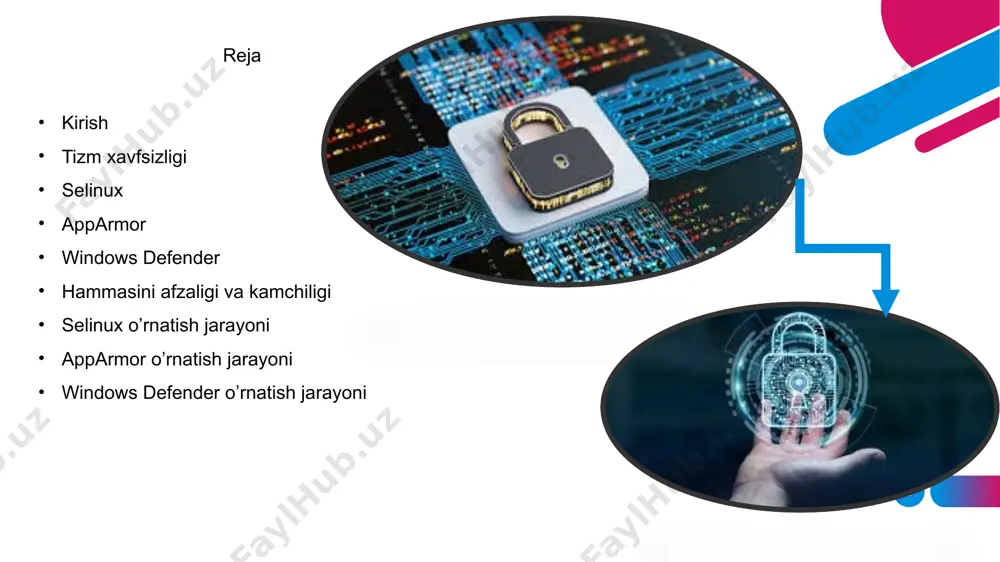 defender samaradorligi foizlarda bunda sizga tushunarli ravshda ma’lumotlar ko’rsatilgan dobavit nijniy kolontitul 8 selinux apparmor windows defender 8 selinuxni o’rnatish jarayoni 9 9 10 apparmor o’rtanish jarayoni 11 windows defender o’rtanish jarayoni 12 foydalanilgan adabiyotlar chatgpt suniy intelekti google platformasi youtube platformasi etiboringiz uchun rahmat murojat uchun telefon: +998 88 629 10-09 elektron pochta azamatjonmansurov2003@gmail.com 13 image2.jfif image3.jfif image4.jfif image5.png image6.jpg image7.jfif image8.png image9.png image10.png media1.mp4 image11.png media2.mp4 image12.png media3.mp4 image13.png image14.jpg