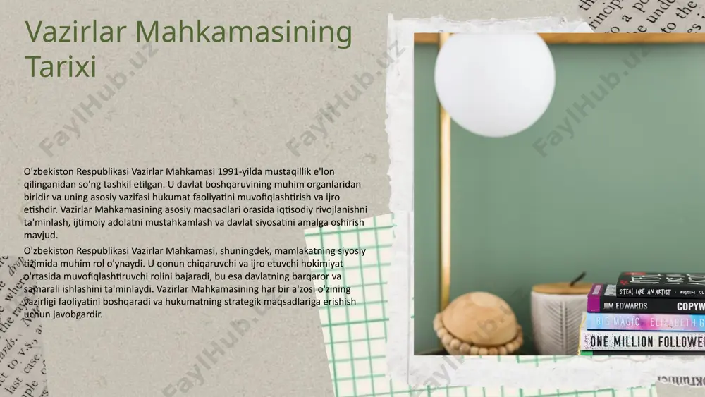 ekiston aholisining farovonligini oshirish va barqaror rivojlanishni ta'minlashga qaratilgan bo'lib, uzoq muddatli ijtimoiy va iqtisodiy barqarorlikni ta'minlaydi. vazirlar mahkamasining tarixi vazirlar mahkamasining tuzilishi 1991-yilda o'zbekiston mustaqillikni qo'lga kiritgandan so'ng boshlangan. dastlabki faoliyati davlat boshqaruvini tashkil etish va iqtisodiy islohotlarni amalga oshirishdan iborat edi. tarixiy rivojlanish bosqichlari: - 1991-1995: mustaqillik e'lon qilinishi va dastlabki boshqaruv tizimlari. - 1996-2000: iqtisodiy islohotlar va qonunchilik bazasini shakllantirish. - 2001-2010: boshqaruv samaradorligini oshirish va xalqaro aloqalarni kengaytirish. - 2011-yildan hozirgi kungacha: o'zbekistonni rivojlantirish strategiyalari va zamonaviy boshqaruv uslublari. o'zbekiston tarixida vazirlar mahkamasi muhim rol o'ynaydi, chunki u davlat boshqaruvi va iqtisodiy barqarorlikni ta'minlashda markaziy o'rin tutadi. shuningdek, u xalqaro hamkorlikni rivojlantirishga ham xizmat qiladi. vazirlar mahkamasining roliga oid mavzular ijtimoiy-iqtisodiy ahamiyati vazirlar mahkamasining o'zbekiston jamiyatidagi o'rni ijtimoiy-iqtisodiy barqarorlikni ta'minlashda muhimdir. u iqtisodiy rivojlanishni rag'batlantirish, ijtimoiy himoya tizimlarini yaratish va aholining farovonligini oshirishga qaratilgan davlat dasturlarini amalga oshiradi. davlat siyosatidagi o’rni vazirlar mahkamasi davlat siyosatini shakllantirish …