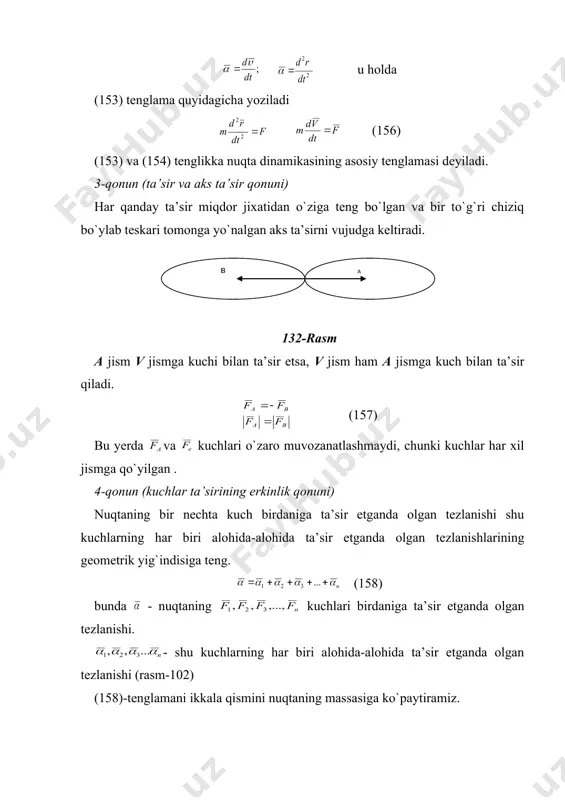 a asosiy o`lchov birliklari uchun quyidagi birliklar qabul qilinadi. 1. uzunlik birligi 1 metr (m) 2. kuch birligi – 1 kilogramm kuch (kgk) 3. vaqt birligi – 1 sekund- (sek) bu birliklar sistemasida massa birligi uchun bir texnik massa birligi (t m b) qabul qilingan 1(t m b) = 1kgk=9,81n 1n=0,102kgk bundan tashqari quyidagi munosabatlar o`rinlidir: 1kgk=1tmb(1m/s2 1kgk=1kg(9,81 m/s2 har qanday massani yechishda faqat bitta birliklar sistemasidan foydalanish kerak. moddiy nuqta harakatining dekart koordinatalaridagi differensial tenglamalari. massasi t ga teng bo`lgan m nuqta kuchi ta’sirida qo`zg`almas oxo’z koordinatalar sistemasiga nisbatan harakatlanayotgan bo`lsin. -nuqtaga qo`yilgan barcha kuchlarning teng ta’sir etuvchisi. nuqta dinamikasining asosiy tenglamasini yozamiz: (160) bo`lgani uchun (160) formula quyidagicha yoziladi. (161) (162) (161) yoki (162) tenglamalar erkin moddiy nuqta harakati differensial tenglamasining vektorli ifodasi deyiladi. (161) tenglamani koordinata o`qlariga proyeksiyalaymiz (163) bunda tezlik vektorining x,y,z o`qlaridagi proyeksiyasi (164) fx, fy, fz-f kuchining x,y,z o`qlaridagi proyeksiyasi. (163) formulaga nuqta harakatining …