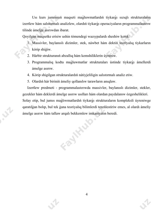boyınsha ámeldegi kózqaraslardı sistemalastırıw imkaniyatın beretuģın informatikanıń áhmiyetli bagdarı esaplanadı. barlıq maǵluwmatlar strukturaların dúziliw principleri hám olardan paydalanıw ózgesheliklerine qarap toparlarǵa ajıratıw múmkin. ápiwayı yamasa elementar túrlerge sanlar, belgiler, logikalıq mánisler sıyaqlı maǵlıwmatlardıń tiykarģı túrleri kiredi. olar tiykarǵı qurılıs blokları bolıp, olardıń tiykarında quramalı konstrukciyalar qáliplesedi. maǵluwmatlardıń quramalı strukturaları ápiwayı elementlerdi birlestiriw jolı menen payda yetiledi hám bir túrli yamasa hár túrli maǵluwmatlar toplamın saqlaw imkaniyatın beredi. olardıń qatarına baylanıslı mánisler toplamı menen islew imkaniyatın támiyinleytuģın massivler, jazıwlar hám kortejler kiredi. klassifikaciyalawda maǵlıwmatlardıń abstrakt strukturaları úlken áhmiyetke iye bolıp, olar anıq ámelge asırıw menen yemes, al olar ústinen orınlanıwı múmkin bolǵan operaciyalar kópligi menen táriyiplenedi. bul toparǵa massivler, baylanıslı dizimler, stekler, náwbetler, dekler sıyaqlı sızıqlı strukturalar, maǵlıwmatlar arasındaǵı quramalı baylanıslardı modellestiriw imkaniyatın beretuģın terekler, graflar, kesteler sıyaqlı sızıqlı emes strukturalar kiredi. shólkemlestiriw principinen basqa magliwmatlar strukturası statikalıq hám dinamikalıq túrlerge bólinedi. statikalıqlar kompilyaciya basqıshında anıqlanatuģın turaqlı ólshemge iye bolıp, olardı …