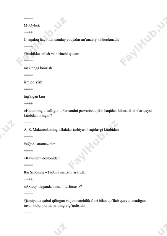 zirgi kunda pedagogika fani oldida kechiktirib bo’lmaydigan vazifalardan biri? ==== #bozor iqtisodiyotiga o’tishning ma’naviy – ma’rifiy zaminini yaratish ==== izlanish olib boorish ==== malakali kadrlar tayyorlash ==== yangi pedagogik texnologiyalarni qo’llash ++++ yosh avlodning avlod – ajdodlarimizga munosib voris bo’lib tarbiyalanishlarida nimaning ahamiyati beqiyos? ==== muhitning ==== ma’naviyatning ==== ta’limning ==== #milliy va diniy qadriyatlarning ++++ qaysi qonunda oilaning jamiyat, davlat oldidagi ma’suliyatini aniqlab etadigan komil insonni tarbiyalashdagi o’rniga alohida e’tibor beriladi? ==== «kadrlar tayyorlash milliy dasturi»da ==== #«ta’lim to’g’risida» gi qonunda ==== konstitutsiyada ==== mustaqillik to’g’risidagi deklaratsiyada ++++ mustaqil o’zbekiston yoshlarini tarbiyalashda qaysi manbalardan foydalanish mumkin? ==== #umuminsoniy qadriyatlar, inson taqminoti, milliy urf odatlar ==== madaniyat va ma’naviyat tarbiyasi orqali ==== hallollik va sabr toqat orqali ==== mehr muruvvat, shavqat, haqgo’ylik tarbiyasi orqali ++++ «peshona teri bilan topilgan bir qora chaqa o’zgalarning ehson etilgan xazinasidan yaxshiroqdir» ushbu satrlar kimning qalamiga mansub? ==== #a. navoiy ==== m. qoshqariy ==== b. …