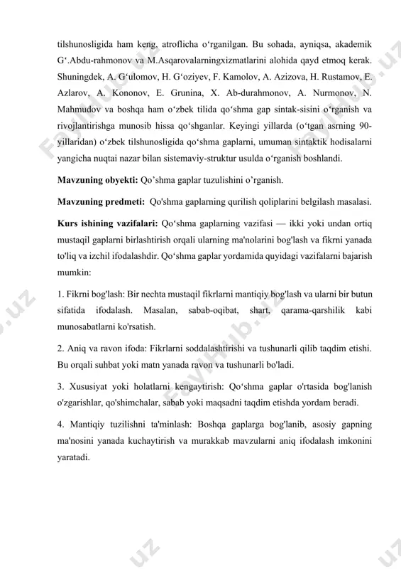 imkonini yaratadi. 1.qo’shma gaplar haqida qo‘shma gap haqida umumiy ma’lumot. qo‘shma gapsodda gap bilan mustahkam bog‘langan, biroq undan ham struktur, ham uzatilayotgan axborot miqdori va sifati nuqtayi nazaridan farqlanuvchi sintaktik qurilma. shu bois qo‘shma gapning umumiy lisoniy mohiyati uning sodda gap bilan o‘zaro munosabatida ochiladi. lisoniy struktura jihatidan qo‘shma gapning sodda gapdan farqi ma’lum darajada ravshan. aniqrog‘i, sodda gapda shakllangan kesim bitta bo‘lsa, qo‘shma gapda u birdan ortiq bo‘ladi va birdan ortiq sodda gaplarning mazmun. hamda grammatik jihatdan birikuvidan tashkil topadi. misollar: 1. men sizni bilaman, siz bunday qilmaysiz. (oyb.) 2. nima qilasan, qishloqqa qaytasanmi? (oyb) 3. dunyoda nima ko‘p – kulgu ko‘p. (oyb.) 4. bilamanki, sodda barmoqlaring tilla uzuk taqmagan. (uyg‘.)5. majlisda ko‘riladigan masalalarning muhim tomoni shundaki, unda cho‘l yerlarni suvga serob qilish masalasi muhokama qilinadi. ko‘rinadiki, 1-gapda bilaman va qilmaysiz, 2-gapda qilasan va qaytasanmi, 3-gapda ko‘p va ko‘p, 4-gapda bilaman va taqmagan, 5-gapda shundaki va muhokamaqilinadi kabi har …