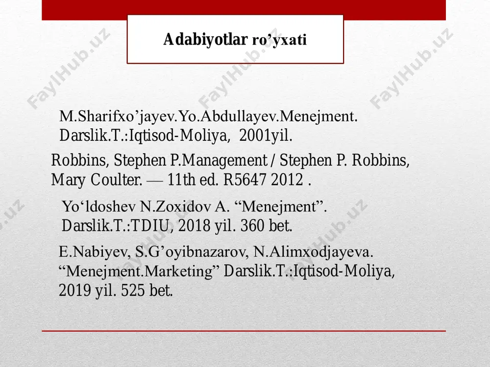satmalarni bajarmayotgan bo„linma va shaxslarga nisbatan majburiy choralarni qo„llash kiradi boshqarishning tashkiliy-ma‟muriy usullari ikki shaklda tashkiliy ta‟sir ko„rsatish usullari farmoyish berish usullari shakllarida namoyon bo„ladi tashkiliy usullarning bu ikkala shakli birgalikda qo„llaniladi, bir- birini to„ldiradi va rivojlantiradi. har ikkala shaklning uyg„unlashuvi ishlab chiqarish sharoitlarini hisobga olingan holda optimal bo„lishi kerak. tashkiliy ta‟sir ko„rsatish turli tashkiliy choralarni, ya‟ni: - ishlab chiqarish va boshqarishning tashkiliy strukturalarini belgilash; - ichki tartib-qoidalarini o„rnatish; - boshqariluvchi va boshqaruvchi tizimlar o„rtasida optimallik va oqilona nisbatni o„rnatish kabilarni o„z ichiga oladi. farmoyish berish yo„li bilan ta‟sir ko„rsatish barcha boshqarish bo„limlari va organlarining (uyg„un) ishlashini joriy ta‟minlab turishdan iborat bo„lib, bunga e‟lon qilinadigan yozma yoki og„zaki ko„rsatmalar berish, yozma shaklda nashr etilgan yoki og„zaki buyruqlar vositasi bilan erishiladi. boshqarishning iqtisodiy usullari - iqtisodiy manfaatlardan foydalanishga asoslanadi. zero, har qanday jamiyatning iqtisodiy munosabatlari, eng avvalo manfaatlarda namoyon bo„ladi. manfaatlar uch xil bo„ladi: 1. umumjamiyat manfaatlari 2. jamoa manfaatlari 3. …
