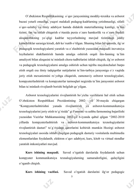 “kompyuterlashtirishni yanada rivojlantirish va axborot-kommunikatsiya texnologiyalarini joriy etish to`g`risida” gi farmoni va ushbu farmonning bajarilishi yuzasidan vazirlar mahkamasining 2002-yil 6-iyunda qabul qilgan “2002-2010 yillarda kompyuterlashtirish va axborot-kommunikatsiya texnologiyalarini rivojlantirish dasturi” to`g`risidagi qarorlarini keltirish mumkin hozirgi axborot texnologiyalari asosida ishlab chiqilgan pedagogik dasturiy vositalarda multimedia elementlaridan foydalanib, elektron o`quv adabiyot, kurs, kitob va virtual stendlar yaratish imkoniyatlari mavjud. kurs ishining maqsadi. savod o’rgatish darslarida foydalanish uchun kompyuter kommunikatsiya texnalogiyalarning samaradorligini, qulayligini o’rganib chiqish. kurs ishining vazifasi. savod o’rgatish darslarini ilg‘or pedagogic texnologiyalar asosida tashkil etish, o‘quvchilarni mustaqil ravishda faoliyat ko’rsata olishga, axborot texnologiyalari imkoniyatlaridan oqilona foydalanishga o‘rgatish, o‘qitilayotgan fanni o‘zlashtirish sifatini oshirish yo’lida yangicha metodikalar yaratish. kurs ishining obekti. savod o’rgatish davri o’quvchi va o’qituvchilari. kurs ishining predmeti. savod o’rgatish davri faoliyatini olib borishga qaratilgan ishlar kurs ishining tuzilishi. i bob. kompyuter va axborot texnologiyalari tushunchasi 1.1. kompyuter texnologiyalarini o`quv jarayonida qo`llash tamoyillari. kompyuter texnologiyalari to`g`risida so`z yuritilganda, odatda ko`z oldimizda …