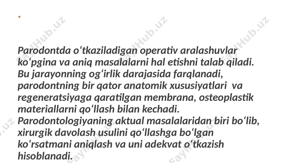 yon qiladi. biroq ba’zi mualliflar embrioplastning klinik amaliyotida qo‘llanilishiga salbiy qaraydilar, chunki ona qornidagi 3 oylik davrda to‘laqonli suyak materiali shakllanishga ulgurmaydi. shuning uchun 5-7 oylik homilaning suyak to‘qimasidan tayyorlangan brefoplastni qo‘llash tavsiya etiladi. brefosuyak va tog‘ay asosida “brefoosteoplast” nomini olgan transplantatsion material ishlab chiqilgan. u o‘zining plastikligi bilan ajralib turadi, bu esa yo‘qotilgan suyak hajmini ideal ravishda to‘ldirish va reparativ regeneratsiya jarayonlarini optimallashtirish imkonini beradi. biroq brefoosteoplast past biomexanik pishiqlikka ega bo‘lib, suyak ichida tezda so‘rilib ketadi. material rezorbsiyasi va suyak to‘qmasining shakllanish jarayonlarida sinxronlashuvning yo‘qligi preparatning kamchiligi hisoblanadi. . kollagen tutuvchi materiallar. yirik shoxli qoramol terisidan tayyorlangan hayvon kollageniga katta qiziqish bildiriladi. qayta ishlash jarayoni davomida issiqlik peptidlari bilan bog‘liq ravishda uning antigenlik xususiyatlari pasayadi (lekin to‘liq yo‘qolmaydi, bu esa yuqori sezgirlik reaksiyasini keltirib chiqarishi mumkin). v.s. ivanovning (1987) ta’kidlashicha, kollagen asosidagi osteoplastik materiallar (kollaost, gidroksiapol, kollapol, gapkol, linko-gap, sintost, kolap) suyak bo‘shliqlarida yaxshi modellashib, ularni zich to‘ldiradi, …