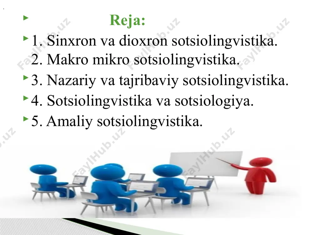 larni jalb qilgan holda o‘rganadi; til sotsiologiyasi esa fanlararo chatishgan soha bo‘lib, u sotsiologik maqsad va tadqiqot metodlarini lingvistik materiallar bilan aloqadorlikda tadqiq etadi. . amaliy sotsiolingvistika amaliy sotsiolingvistikaning masalalarini yechishda birinchi navbatda sotsiolingvistika aspektini nazarda tutish kerak. bunda quyidagi masalalar: alifbolar tuzish, orfografiyani ishlab chiqish, terminologiyani yaratish, adabiy tilni normalashtirish kabilar nazarda tutiladi. avvalambor, u yoki bu tilning terminologiya tizimida o‘zlashtirma va o‘ziga tegishli terminlarning o‘zaro nisbatini aniqlashda sotsiolingvistik aspektni inobatga olish kerak, bu yerda puristlarga tilni sof toza holda saqlash tarafdorlari qarshi kurashish va aksincha tilni kerak emas, xalq uchun tushunib bo‘lmaydigan o‘zgartirishlar bilan to‘ldirib tashlamaslik kerak. amaliy sotsiolingvistikaning yana bir spesifik xususiyati shundaki, uning masalalarini yechishda, albatta, jamiyat tomonidan ongli yondashish lozim. e’tiboringiz uchun rahmat! image1.jpeg image2.jpeg image3.png image4.jpeg image5.jpeg image6.jpeg /docprops/thumbnail.jpeg