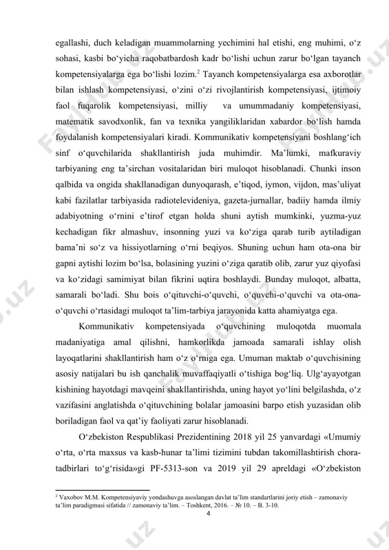 hkil etish chora-tadbirlari to‘g‘risida»gi 997-son qarorlari hamda boshqa me’yoriy-huquqiy hujjatlarda belgilangan vazifalarni amalga oshirishda mazkur bitiruv ishi ma’lum darajada xizmat qiladi. bitiruv malakaviy ishining oʻrganilganlik darajasi: respublikamizda boshlang‘ich sinf o‘quvchilarini innovatsion ta’lim sharoitida turli qobiliyatlarini shakllantirish masalalari bo‘yicha n.g.alovutdinova, a.ya.bobomurodova, t.u.ziyadova, r.ibragimov, n.a.qosimova, u.a.masharipova a.q.nisanbayeva, sh.u.nurullayeva, o.oxunjonova, a.teshaboyev, r.hamroyev, n.a.hamedova, m.z.hamdamova kabilarning ilmiy tadqiqotlarida o‘z aksini topgan. ta’lim jarayonining turli bosqichlarida o‘quvchilarining tayanch kompetensiyalarni rivojlantirish masalalari bo‘yicha turli davrlarda a.abduqodirov, q.abdullayeva, g.boymurodova, m.e.jumayev, r.a.mavlonova, k.qosimova, b.ye.sabirov, n.i.taylaqov, m.i.toshpulatova, s.i.rahmonqulova, s.usmonov, x.g‘ulomova, sh.j.yusupova, k.farfiyevalar tomonidan tadqiqotlar olib borilgan. mustaqil davlatlar hamdo‘stligi mamlakatlarida tayanch kompetensiyalarni rivojlantirishning nazariy-metodik asoslari b.s.gershunskiy, v.v.guzeyev, i.a.zimnyaya, n.v.kuzmina, b.f.lomov, s.v.lazarev, a.k.markova, v.v.serikov, a.v.xutorskoy, i.s.yakimanskaya, d.b.elkonin va boshqalarning tadqiqotlarida o‘z aksini topgan. ushbu tadqiqotlar boshlang‘ich sinf o‘qituvchilarining tayanch kompetensiyalarini shakllantirishni ilmiy-metodik jihatdan takomillashtirishga, ularning kasbiy faoliyatini zamonaviy talablar asosida yo‘lga qo‘yishga xizmat qiluvchi muhim asos bo‘lib xizmat qiladi. shu bilan birga, mavjud ilmiy adabiyotlarda aynan boshlang‘ich sinf o‘qituvchilari tayanch …