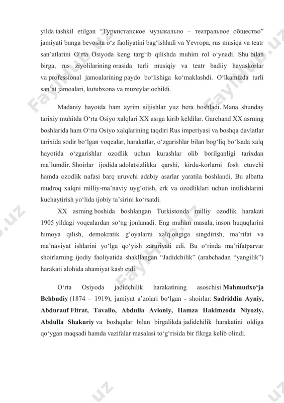 oshqalar bilan birgalikda jadidchilik harakatini oldiga qo‘ygan maqsadi hamda vazifalar masalasi to‘g‘risida bir fikrga kelib olindi. jadidchilik harakatining asosiy maqsadi va dasturi xususida n.karimov o‘zining “jadidchilik nima?”[1] maqolasida batafsil bayon qiladi. xususan jadidchilik harakatining to‘rt asosiy maqsadini keltiradi: jadidchilik g‘oya va harakati yildan – yilga avj oldi va mahalliy xalqlar orasida ommalasha bordi. chunki, ular chorizm siyosatining xalq erkinligiga, milliy o‘yg‘onishiga qarshi qaratilgan mohiyatini fosh qilar edilar. ma’rifatparvar shoirlarning qalami o‘tkir, eng muhimi xalq ozodligini kuylovchi she’riy va badiiy asarlari, sahnaviy namoyishlari, oddiy xalqqa ozodlik kurashi qanchalar zarur ekanligi va uning mohiyati xususida oddiy va sodda ma’lumotlar bilan ta’minlar edi. ma’rifat nurini va vatan tuyg‘usini targ‘ibot qilishda va amalda joriy qilishda, jadidchilik harakatining rahbarlaridan biri abdulla avloniyning (1873 – 1934) ijodini alohida qayd etish lozimdir. u 1904 yilda toshkentning mirobod mahallasida yangi usulli jadid maktabini ochdi, o‘zi unga mudirlik va o‘qituvchilik qildi. 1909 yilda kambag‘al, yetim – yesirlarga ko‘mak beruvchi …