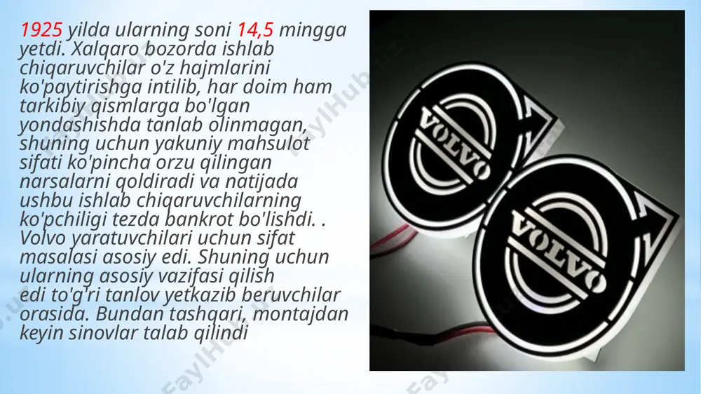 - volvo v70 va volvo s60 kabi avtomobil bozorining "gigantlari" chiqarildi. volvo dunyodagi eng xavfsiz avtomobil sifatida tan olingan. 2002 yil - volvo mahsulotlarida katta o'zgarishlar yili. birinchi suv xc90 e'lon qilindi, s40 va s80 modellari qayta tiklandi. savdo - san'at jigarrang teri qopqog'ida 1936 yilgi maxsus savdo qo'llanmasi mavjud. kitob assar gabrielsson tomonidan yozilgan va gustav larsonning alohida texnik bobidan iborat edi. 1-bob faqat volvo uchun savdoning ahamiyatiga bag'ishlangan: "savdo - bu san'at. muayyan sohada badiiy qobiliyatga ega bo'lmagan odamlar, qanchalik ko'p o'qimasin va qanday ma'lumot olishmasin, hech qachon ajoyib rassom bo'la olmaydi. a. savdo qilish uchun tug'ilmagan va savdo qilishni tanlagan kishi o'quv dasturlari orqali muvaffaqiyatli savdogar bo'la olmaydi. ko'rsatma har doim quyidagilarga asoslanadi: №1 qoida:men mashinani haydayman! 2-qoida: u mashinani haydasin! 3-qoida: u mashinani haydasin! gabrielssonning mijozga bo'lgan e'tibori, hatto 1936 yilda ham buni ko'rsatadi: savdo maqsadlarida hech narsa shaxsiy xizmat ko'rsatish samaradorligini, shuningdek, individual sotuvchilarni ta'minlay …