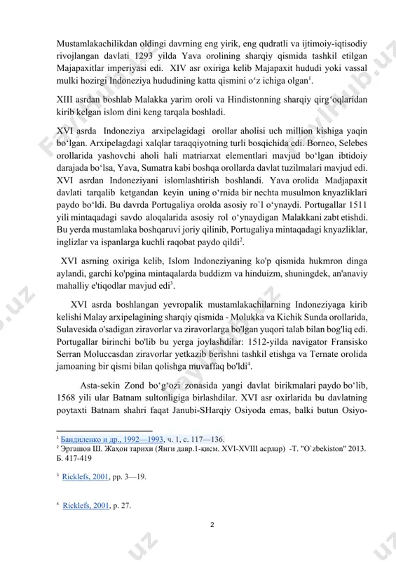 mida - molukka va kichik sunda orollarida, sulavesida o'sadigan ziravorlar va ziravorlarga bo'lgan yuqori talab bilan bog'liq edi. portugallar birinchi bo'lib bu yerga joylashdilar: 1512-yilda navigator fransisko serran moluccasdan ziravorlar yetkazib berishni tashkil etishga va ternate orolida jamoaning bir qismi bilan qolishga muvaffaq bo'ldi[footnoteref:4]. [4: ricklefs, 2001, p. 27. ] asta-sekin zond bo‘g‘ozi zonasida yangi davlat birikmalari paydo bo‘lib, 1568 yili ular batnam sultonligiga birlashdilar. xvi asr oxirlarida bu davlatning poytaxti batnam shahri faqat janubi-sharqiy osiyoda emas, balki butun osiyo-afrika dunyosidagi eng yirik savdo markazlaridan biriga aylandi. soliqlardan tushadigan daromadlar evaziga batnam hukmdorlari portugaliyaliklarga bas kela oladigan kuchli armiya tashkil qildilar[footnoteref:5]. [5: ergashov sh. jahon tarixi (yangi davr.1-qism. xvi-xviii asrlar) -t. "o`zbekiston" 2013. b. 417-419 ] asta-sekin zond bo‘g‘ozi zonasida yangi davlat birikmalari paydo bo‘lib, 1568 yili ular batnam sultonligiga birlashdilar. xvi asr oxirlarida bu davlatning poytaxti batnam shahri faqat janubi-sharqiy osiyoda emas, balki butun osiyo-afrika dunyosidagi eng yirik savdo …