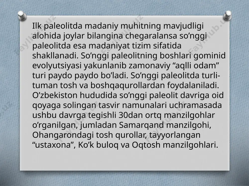 shlar yordamida yo‘nilgan va massiv tig‘ yoki chopqi shaklidagi ikkita ish qirra hosil qilingan. qurolning ish qirrasi ikki taraflama retushlash yordamida ajratilgan va bu qisman ishlatilish oqibatida hosil bo‘lgan. obiraxmat g‘ori tadqiqotlari . makon toshkent shahridan 100 km sharqroqda joylashgan bo‘lib, 1962 yilda ya.g‘. g‘ulomov boshchiligidagi ekspeditsiya tomonidan tiyonshonning janubiy-g‘arbiy etaklaridagi burchmullo qishlog‘i yaqinida chorvoq suv ombori qurilishidagi qidiruv ishlari vaqtida topilgan (rasm. 9). obiraxmat g‘ori yirik yumaloq g‘ovak bo‘lib, og‘zi janubga qaragan: eni kirish qismida 20 m, chuqurligi – 9 m, tomining eng baland joyi 11,8 m. g‘orning ichidagi g‘ovak qatlamlarning qalinligi 10 m va ular 22 ta litologik qatlamlarga ajratilgan. g‘orning butun ichki maydoni bo‘ylab qalin qatlamlarning mavjudligi va ularda paleolit davri madaniy qoldiqlarining borligi bir necha o‘n minglab yillar mobaynida hududda yashagan ibtidoiy odamlar moddiy madaniyati evolyutsiyasini kuzatish imkonini beradi. yodgorlik dastavval x.k. nasritdinov tomonidan, m.m. gerasimov hamda a.r. muhamadjonovlar rahbarligida o‘rganilgan (1963 y.), va tadqiqotlar r.h. …
