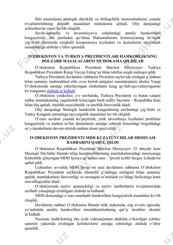 xorijda istiqomat qilayotgan barcha vatandoshlarimiz uchun 37 ta davlatda tashkil etilgan 54 ta saylov uchastkasida ovoz berish imkoniyati yaratildi. avvallari faqat konsullik vakolatxonalaridan rasman roʻyxatdan oʻtgan oʻzbekiston fuqarolarigina saylovlarda qatnashardi. dastlabki maʼlumotlarga koʻra, oʻzbekiston respublikasi prezidentligiga saylov oʻtkazuvchi saylov uchastkalarining barchasida saylov byulletenlari sanab chiqildi. siyosiy partiyalar tomonidan oʻzbekiston respublikasi prezidentligiga koʻrsatilgan nomzodlar, oʻzbekiston “adolat” sotsial-demokratik partiyasidan nomzod bahrom abduhalimov – 3,4 foiz, oʻzbekiston ekologik partiyasidan nomzod narzullo oblomuradov – 4,1 foiz, oʻzbekiston “milliy tiklanish” demokratik partiyasidan nomzod alisher qodirov – 5,5 foiz, oʻzbekiston xalq demokratik partiyasidan nomzod maksuda varisova – 6,6 foiz, tadbirkorlar va ishbilarmonlar harakati – oʻzbekiston liberal-demokratik partiyasidan nomzod shavkat mirziyoyev – 80,1 foiz ovoz oldi. oʻzbekiston respublikasi saylov kodeksiga koʻra, ovoz berishda ishtirok etgan saylovchilarning yarmidan koʻpining ovozini, yaʼni 50 foizdan ortiq ovoz olgan nomzod prezident etib saylangan, deb hisoblanadi. prezidentlikka oʻtkazilgan saylov boʻyicha saylovga doir qonunchilik talablari qoʻpol ravishda buzilganligi holatlari haqida xabar va maʼlumotlar …
