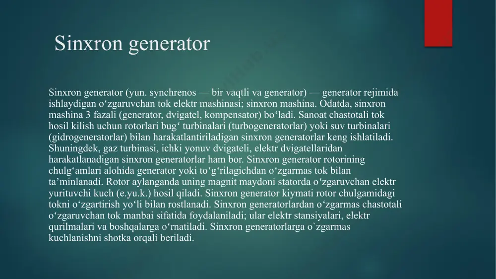 ‘nlab megavolt-amper quvvatga mo‘ljallab tayyorlanadi. bular ayon qutbli nisbatan sekin yurar (n = 60...150 ayl/min) hisoblanadi. elektr stansiyalarida ishlatiladigan sinxron generatorlarning boshqa tiplari ichida ichki yonuv dizel dvigatellari bilan biriktiriladigan dizel-generatorlarni aytib o‘tish lozim. bular ayon qutbli vali gorizontal joylashgan mashinalardir. porshenli mashina singari dizel ham notekis burovchi momentga ega bo‘lganligi uchun dizelgenerator maxovik bilan ta’minlanadi yoki uning rotori aylanma momenti kata qilib tayyorlanadi qo’zg’atish tokining o‘zgarishida dvigatel rejimida ishlaydigan valda yuklamasi bo‘lmagan sinxron mashina sinxron kompensator deb ataladi. sinxron kompensator qo’zg’atish tokining kattaligiga qarab tarmoqqa reaktiv quvvat berishi yoki tarmoqdan uni qabul qilishi mumkin. tuzilishi bo‘yicha u turbogeneratorga o‘xshaydi, biroq sinxron kompensator o‘rtacha chastotada (750-1000 ayl/min) da aylanadigan qilib tayyorlanadi. sinxron kompensator rotori aniq qutbli qilib tayyorlanadi. stator tuzilishiga ko‘ra turbogenerator statoriga o‘xshash. sinxron kompensator statorning nominal toki, kuchlanishi va quvvati bilan, rotorning chastotasi va nominal toki bilan hamda nominal rejimdagi yo‘qotishlar bilan xarakterlanadi. sinxron kompensatorning nominal kuchlanishi unga …