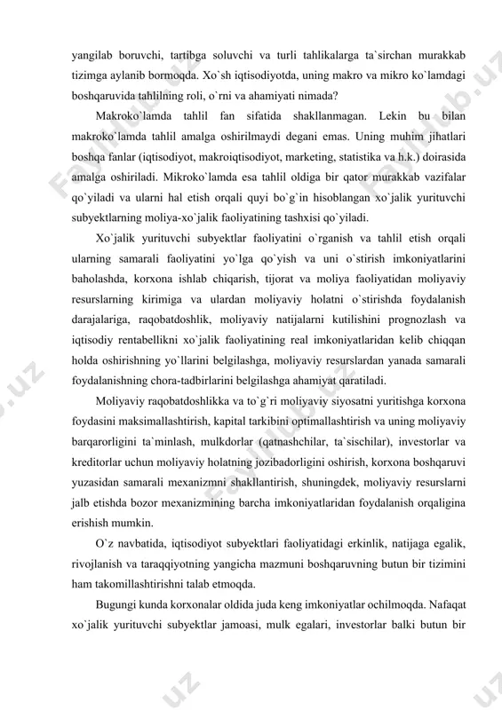 arni jalb etishda bozor mexanizmining barcha imkoniyatlaridan foydalanish orqaligina erishish mumkin. o`z navbatida, iqtisodiyot subyektlari faoliyatidagi erkinlik, natijaga egalik, rivojlanish va taraqqiyotning yangicha mazmuni boshqaruvning butun bir tizimini ham takomillashtirishni talab etmoqda. bugungi kunda korxonalar oldida juda keng imkoniyatlar ochilmoqda. nafaqat xo`jalik yurituvchi subyektlar jamoasi, mulk egalari, investorlar balki butun bir davlatlar va jamoatchilik tizimi ham boshqaruvdagi o`zgarish va rivojlanishdan manfaatdordirlar. zamonaviy boshqaruvni: - yaqin va uzoq davriylikni qamrab olgan – rejalashtirish; - mulk egalari va maqsadli foydalanuvchilarni moliyaviy va boshqa axborotlar bilan ta`minlovchi – buxgalteriya hisobi; - axborotlarni chuqur qayta ishlash, faoliyatga obyektiv baho berish, iqtisodiy va moliyaviy imkoniyatlarni aniqlash orqali tezkor, joriy va istiqboldagi boshqaruv strategiyasini belgilab beruvchi – iqtisodiy tahlil; - faoliyatni yo`lga qo`yish va maqsadli boshqarishning aniq yechimlari va natijaviyligini ta`minlovchi, innovatsion va aqlli iqtisodni ta`minlashga imkon beruvchi – ilmiy faoliyat; - faoliyat samaradorligi va natijaviyligidan kelib chiqqan holda munosabatlarni muvofiqlashtirishning muhim mezoni bo`lgan – mehnatni …