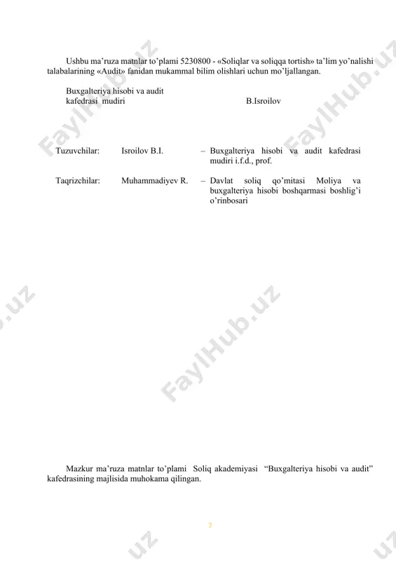 r ijobiy ishlar amalga oshirildi. jumladan, o’zbekiston respublikasi oliy majlisining qaroriga muvofiq, 2000 yil 26 mayda yangi tahrirdagi «auditorlik faoliyati to’g’risida» gi qonun qabul qilindi. ushbu qonunni amalga oshirish, auditorlik xulosalari soliq va boshqa nazorat organlari tomonidan hisobga olinishini ta’minlash maqsadida 2000 yil 22 sentabrda o’zbekiston respublikasi vazirlar mahkamasining 365-sonli «auditorlik faoliyatini takomillashtirish va auditorlik tekshirishlarining ahamiyatini oshirish to’g’pisida» gi qarori va boshqa qator me’yoriy hujjatlar qabul qilindi, auditorlik faoliyati bilan shug’ullanish huquqi uchun attestatsiya o’tkazish va auditorlik faoliyatini amalga oshirish uchun litsenziya berish tartiblari belgilandi. 20 dan ortiq auditorlik faoliyatining milliy standartlari ishlab chiqildi. shuningdek, 2000 yil 7 avgustda o’zbekiston hududida faoliyat ko’rsatayotgan auditorlar va auditorlik tashkilotlarini ixtiyoriy ravishda birlashtiruvchi mustaqil jamoat tashkiloti - o’zbekiston auditorlar palatasi tashkil etildi. mamlakatimizda iqtisodiyotni liberallashtirish va modernizatsiyalash, bozor islohotlarining yanada chuqurlashtirilishi natijasida yildan yilga salmoqli natijalar qo’lga kiritilib, barqaror iqtisodiy o’sish yo’nalishi mustahkamlanib bormoqda. bunda hukumatimiz tomonidan ishlab chiqilgan iqtisodiy siyosatning to’la …