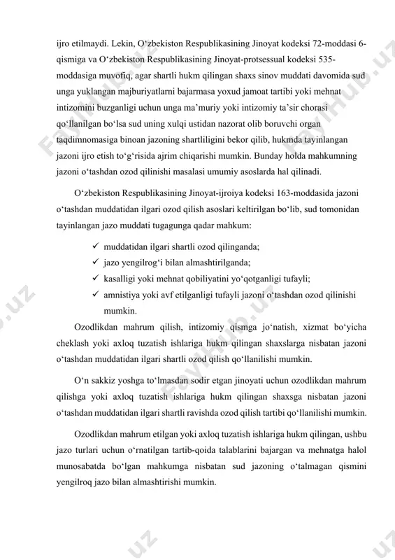 hi mumkin. ozodlikdan mahrum etilgan yoki axloq tuzatish ishlariga hukm qilingan, ushbu jazo turlari uchun o‘rnatilgan tartib-qoida talablarini bajargan va mehnatga halol munosabatda bo‘lgan mahkumga nisbatan sud jazoning o‘talmagan qismini yengilroq jazo bilan almashtirishi mumkin. o‘n sakkiz yoshga to‘lguncha sodir etgan jinoyati uchun ozodlikdan mahrum etilgan yoki axloq tuzatish ishiga hukm qilingan, ushbu jazo turlari uchun o‘rnatilgan tartib-qoida talablarini bajargan va mehnatga yoki o‘qishga halol munosabatda bo‘lib kelayotgan mahkumga nisbatan sud jazoning o‘talmagan qismini yengilroq jazo bilan almashtirishi mumkin. mahkum jazoni o‘tashdan ozod qilinishi uchun sudning hukmi (qaror, ajrim), muassasa boshlig‘ining prokuror tomonidan tasdiqlangan amnistiya qo‘llanilishi to‘g‘risidagi qarori yoki o‘zbekiston respublikasi prezidentining afv etish to‘g‘risidagi farmonga binoan o‘zbekiston respublikasi ichki ishlar vazirligining axborot markazi tomonidan berilgan ko‘rsatma asosida ozod qilinishi mumkin. mahkum jazo muddatining jinoyat kodeksi 73, 74, 89 va 90-moddalarida belgilangan qismini o‘tab bo‘lganidan so‘ng bir oylik muddat ichida jazoni ijro etuvchi muassasa yoki organ ma’muriyati uni jazoni o‘tashdan …