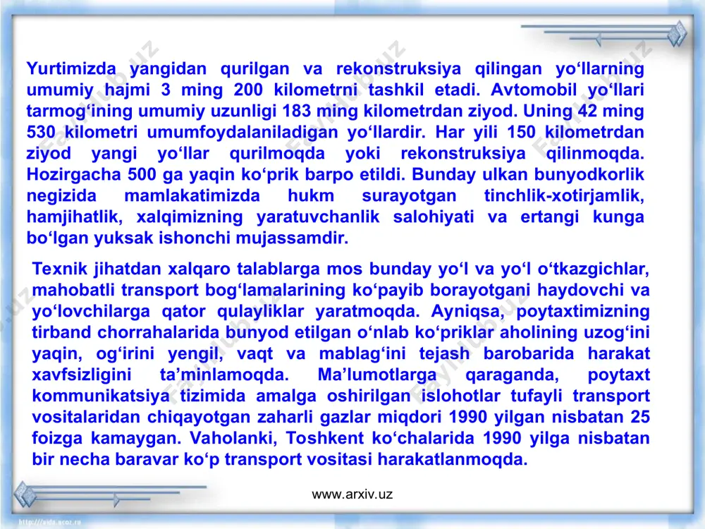 li – transport qatnovini yaxshilash maqsadida barpo etilgan ana shunday zamonaviy inshootlardan sanaladi. so‘nggi yillarda foydalanishga topshirilgan zamonaviy ko‘priklarning aksariyati mana shu – kichik halqa yo‘lida bunyod etilgani bilan ahamiyatlidir. ayni paytda umumiy uzunligi 32 kilometr, kengligi 32 metrni tashkil etadigan mazkur yo‘lda bir kunda 45-50 ming avtomobil harakatlanmoqda. betakror diyorimizning ko‘rku tarovatini o‘zida namoyon etgan bosh shahrimizning shukuhiga shukuh qo‘shayotgan keng va ravon yo‘llar, ko‘prik va transport bog‘lamalari barchaning e’tiborini o‘ziga tortadi. 2005 yili katta halqa yo‘lida – sirg‘ali tumani hududidagi chorrahada ulkan yo‘l o‘tkazgich bunyod etildi. shu tariqa usmon nosir ko‘chasi sirg‘ali, qo‘yliq va chilonzor buyum bozoriga boradigan ko‘chalar bilan kesishgan yirik chorrahada qurilgan yo‘lo‘tkazgich va erkin qo‘rg‘oni hududidan o‘tadigan umumiy uzunligi olti kilometrlik yangi yo‘l toshkent katta avtomobil xalqa yo‘lini bog‘ladi. www.arxiv.uz www.arxiv.uz shu paytgacha mamlakatimizning shimoliy va janubiy viloyatlaridan kelayotgan transport oqimining bir qismi farg‘ona vodiysi viloyatlariga poytaxtimizning xalqlar do‘stligi (hozirgi bunyodkor) ko‘chasi orqali o‘tgan bo‘lsa, …