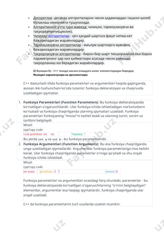 1. funksiya parametrlari (function parameters): bu funksiya deklaratsiyasida ko'rsatilgan o'zgaruvchilardir. ular funksiya ichida ishlatiladigan ma'lumotlarni ko'rsatadi va funksiya chaqirilganda ularning qiymatlari uzatiladi. funksiya parametrlari funksiyaning "imzosi"ni tashkil etadi va ularning turini, sonini va tartibini belgilaydi. misol: cppcopy code void printsum(int a, int b) { cout int main() { int son = 42; int* ko'rsatgich = &son; std::cout int main() { int son = 42; int* ko'rsatgich = &son; std::cout #include using namespace std; double func(double x) { double y = 3 * pow(x, 6) - 6 * pow(x, 2) - 7; return y; } int main() { double x; cout > x; double y = func(x); cout #include // pow funksiyasi uchun using namespace std; int main() { double x, y; // foydalanuvchidan x qiymatini olish cout > x; // y ni hisoblash y = 3 * pow(x, 6) - 6 * pow(x, 2) - 7; // natijani chop etish …