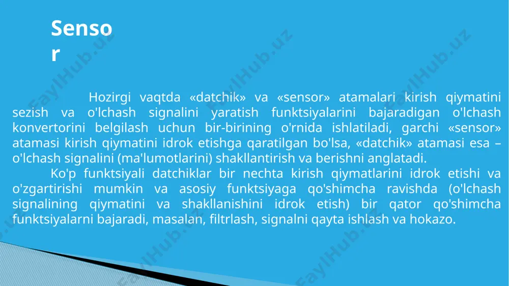 v sensor ishlab chiqarish texnologiyasi elemental integral ipad pro-da lidar sensori. sensor tasnifi o'lchangan parametr bo'yicha bosim datchiklari mutlaq bosim ortiqcha bosim kamdan-kam uchraydi bosim-vakuum differentsial bosim gidrostatik bosim oqim sensorlari mexanik oqim o'lchagichlar differentsiatorlar ultratovush oqim o'lchagichlar elektromagnit oqim o'lchagichlar koriolisolali oqim o'lchagichlari girdobli oqim o'lchagichlari daraja to’satdan paydo bo’luvchi konduktometrik sig’imli radarli ultratovushli haroratlar termojuft qarshilik termometri pirometr issiqlik oqimi sensori konsentratsiya sensori supero'tkazuvchilar radioaktivlik (shuningdek, radioaktivlik yoki radiatsiya detektorlari deb ataladi) ionizatsiya kamerasi to'g'ridan-to'g'ri zaryad sensori sensor tasnifi harakatlar mutlaq kodlovchi nisbiy kodlovchi lvdt qoidalar aloqa kontaktsiz fotosurat sensorlari fotoqarshilik fotodiod fotomatritsa burchak joylashuvi sensori selsin burchak kodini o'zgartiruvchi rvdt vibratsiya sensori vibratsiyali tezlashuv sensori (akselerometer) tebranish tezligi sensori (tezlik o'lchagich) vibratsiyali siljish sensori (proksimetr) mexanik qiymat sensori rotorni kengaytirish sensori mutlaq kengayish sensori namlik sensori yoyli himoya sensori sensor tasnifi datchiklar (sensorlar) bizga analog ma’lumotlarni olish va uzatish uchun zazur fositadir. yuqorida biz sensorlarning har xil …
