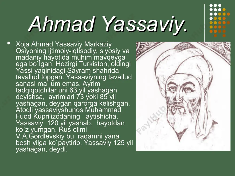 vhar shahnoz zimmasiga tushadi. keyin ular yassiga ko`chib borishadi. yosh ahmad birinchi ustozi arslon bob bilan uchrashadi, undan tahsil oladi. “bob” arabchada “eshik” ma`nosini ifodalaydigan so`z bo`lib, turkchada bu kalima islom dini targ`ibi uchun fidoiylik ko`rsatganlarga beriladigan bir laqab bo`lgan. alisher navoiy farg`onada “ulug` mashoyixni bob derlar”, - deydi. shuningdek, “bob” va “bobo” so`zlari shayx, pir, valiylarga nisbatan ham qo`llanilgan. ahmad yassaviy turkistondagi boblarning eng buyugi, deb e`tirof etilgan arislonbobdan tahsil olgan. arislon bob tirikligidayoq ahmad yassaviyni buxoroga borib, tahsilni davom ettirishga da`vat etgan edi. ustozining vafotidan so`ng yassaviy bilimini oshirish uchun buxoroi sharifga tomon yo`l oladi. u buxoroda, eng avvalo, diniy va tasavvufiy ilm sirlarini chuqur egallashga kirishadi. arab tili bilan bir qatorda forsiy tilni ham puxta o`zlashtiradi. zamonasining peshqadam olimi va so`fiysi shayx yusuf hamdoniyga murid bo`ladi. uning uch xalifaligiga erishadi. hamdoniy vafotidan so`ng bir muddat uning ishini davom ettiradi, “irshod va da`vat maqomi” qo`lga kiritilgach, yassiga qaytib, …