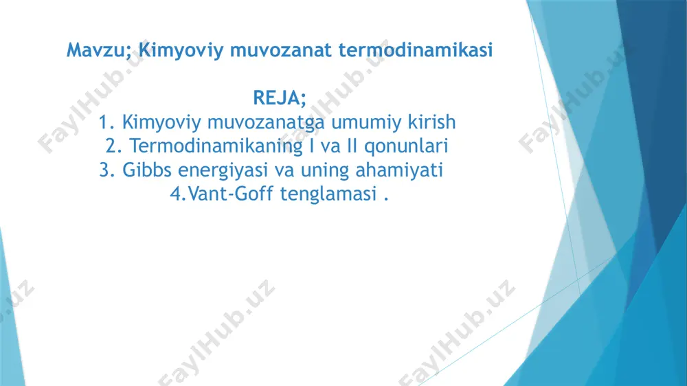 tasi o'zgarganida muvozanat buziladi va reaksiyaga kirishayotgan barcha moddalarning konsentratsiyasi yangi muvozanat qaror topgungaqadar o'zgaraveradi, bu muvozanat konsentratsiyalarning boshqqiymatlarida qaror topadi. reaksiya sistemasining bir muvozanat holatidan boshqasiga bunday o'tishi kimyoviy muvozanatningsiljishi (yoki surilishi) deyiladi. agar sharoit o'zgarganida oxirgi moddalarning konsentratsiyasi ko'paysa, muvozanat reaksiya mahsulotlari tomoniga siljigan bo'ladi. agar boshlang'ich moddalarning konsentratsiyasi ko'paysa, u holda muvozanat boshlang'ichmoddalar hosil bo'lishi tomoniga siljigan bo'ladi. muvozanat turlari; 1.gomogen muvozanat bu turdagi muvozanatda barcha reaksiya ishtirokchilari bir xil fazada bo‘ladi, odatda gaz yoki suyuq holatda. misol: n2+3h2=2nh3 2.geterogen muvozanat. muvozanatda ishtirok etayotgan moddalarning fazalari har xil bo‘ladi (masalan, gaz va qattiq). misol; caco3=cao+co2 3. fizik muvozanat;fizikaviy o‘zgarishlarda (masalan, bug‘lanish, erish) kuzatiladigan muvozanat.misol: suvning suyuq holatdan bug‘ holatiga o‘tishi va aksincha: bu kimyoviy reaksiyalar davomida mahsulotlar va reaktantlar konsentratsiyasi o‘zgarmas bo‘lib qoladigan holat. bu gomogen va geterogen muvozanatlar ichiga kiradi. 4. dinamik muvozanat. bu muvozanatda moddalarning oldinga va orqaga reaksiyalari bir xil tezlikda boradi. moddalarning umumiy …
