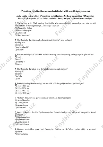 o’zbekiston tarixi fanidan test savollari — DOCX