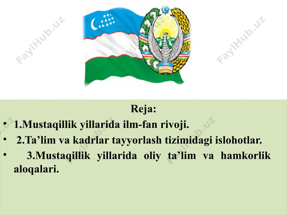 qot kompleksi 362 ta institutni birlashtiradi.ular orasida 101ta ilmiy-tadqiqot institutlari, 55 ta oliy o‘quv yurtlarining bo‘limi, 65 ta ilmiy loyiha tashkilotlari, 32 ta ilmiy -ishlab chiqarish birlashmalari, 30 ta ilmiy axborot markazlari mavjud. respublikada 46 mingga yaqin kishi ilmiy-tadqiqot ishlarini olib bormoqda. ularning orasida 2,8 ming fan doktori, 16 ming 100 dan ortiq fan nomzodlari bor. ilm-fanning 20 dan ziyod yo‘nalishida yuqori malakali ilmiy kadrlar tayyorlanmoqda. образец текста второй уровень третий уровень четвертый уровень пятый уровень o‘zbekiston respublikasi prezidenti sh.mirziyoevning 2016 yil 29-dekabrdagi “o‘zbekiston respublikasi fanlar akademiyasi akademiklari faoliyatini yanada takomillashtirish va rag‘batlantirish to‘g‘risida”gi farmoniga muvofiq mamlakatimiz ilm-fani nufuzini yanada oshirish, ilmiy texnologik sohani yuksaltirishda akademik ilm-fanning rolini kuchaytirish, fanlar akademiyasi a’zolari tarkibini fanning ustuvor yo‘nalishlarida olib borayotgan faol ilmiy-tadqiqot izlanishlari natijalari bilan respublika va xalqaro ilmiy hamjamiyat tomonidan e’tirof etilgan taniqli olimlar hisobiga kengaytirish, mavjud ilmiy maktablar an’analarini davom ettirish va yangi maktablar yaratilishini ta’minlash maqsadida 32 ta olim …